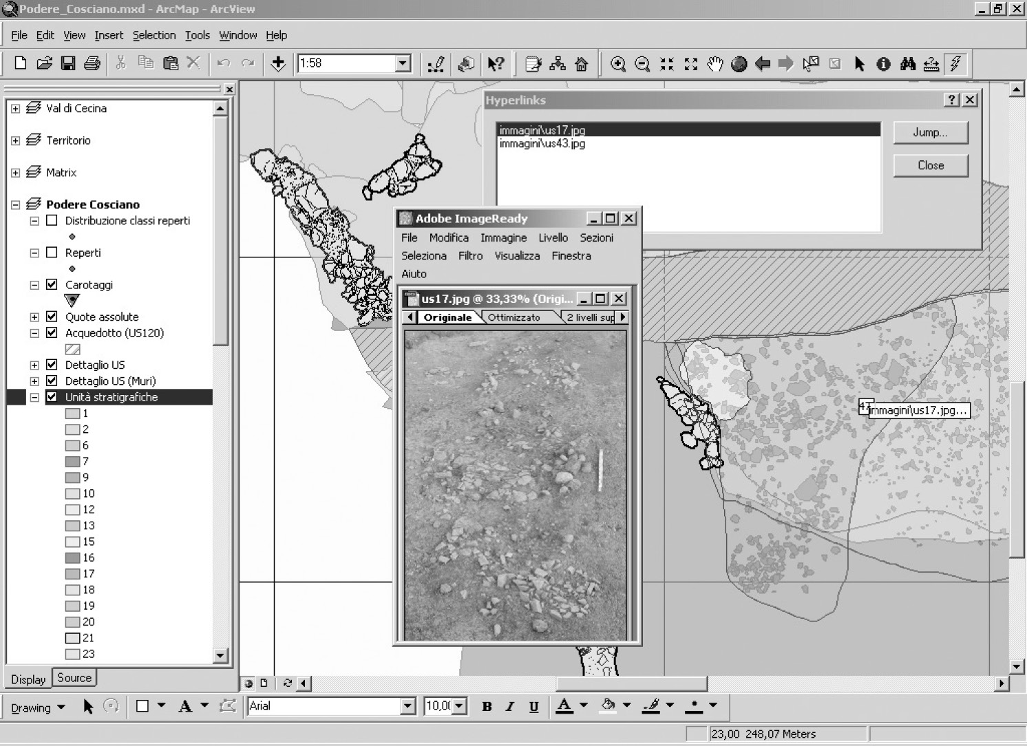 Fig. 9 – Ambiente ArcView: utilizzo dell’Hyperlink multiplo sul layer delle Unità Stratigrafiche.