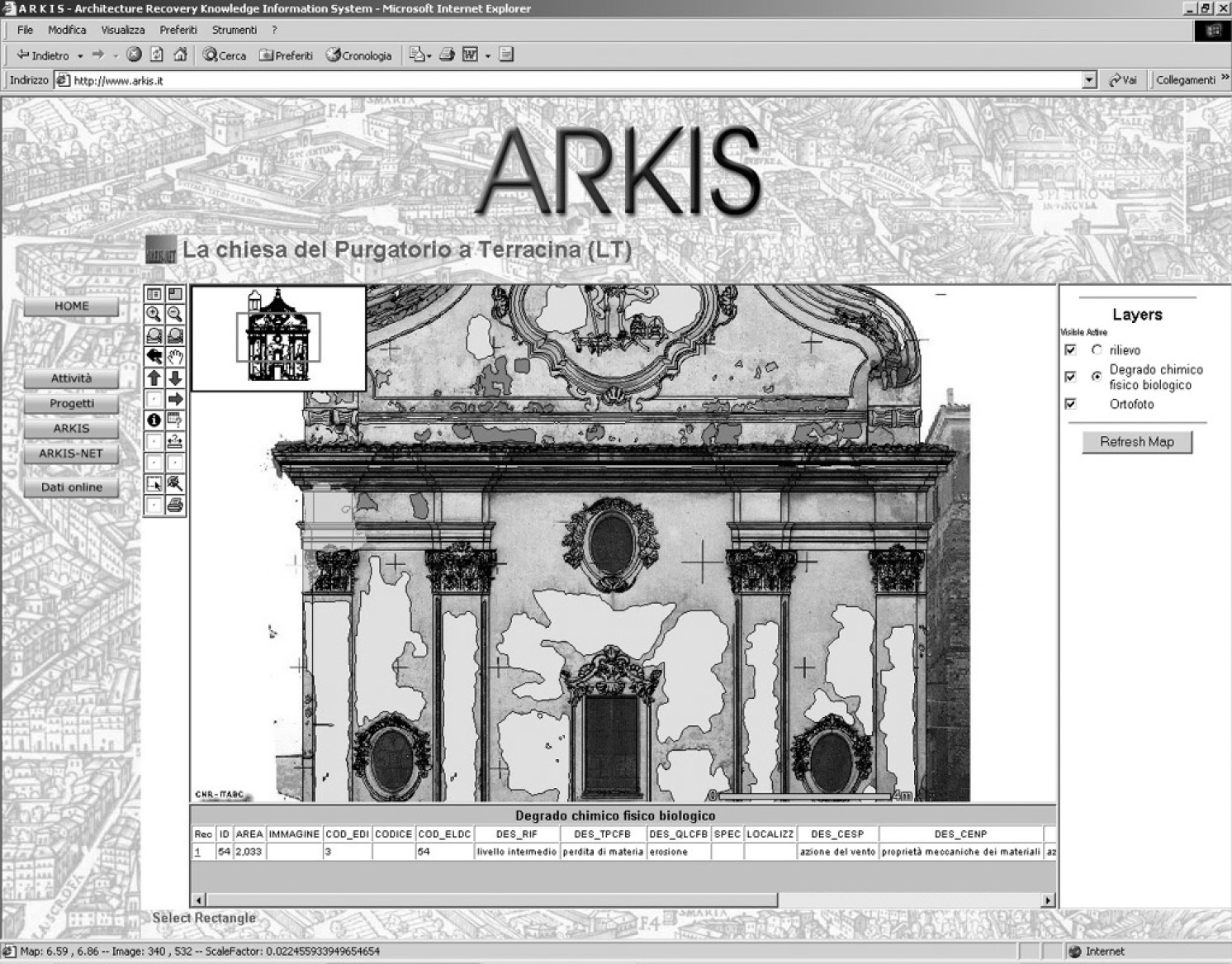 Fig. 5 – ARKIS-NET: la pagina di consultazione dei dati relativi alla facciata della Chiesa del Purgatorio a Terracina (LT).