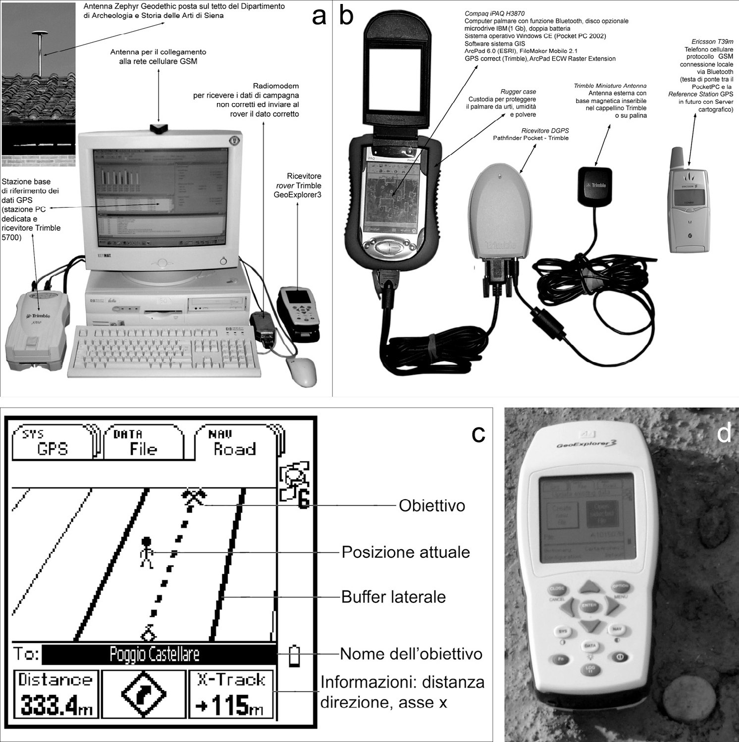 Fig. 1 – a) stazione base GPS istallata presso il Dipartimento di Archeologia e Storia delle Arti di Siena; b) sistema iPAQ PDA/GPS; c) interfaccia di navigazione di un rover tradizionale; d) rilievo di un reperto particolare nel corso delle ricognizioni di superficie.