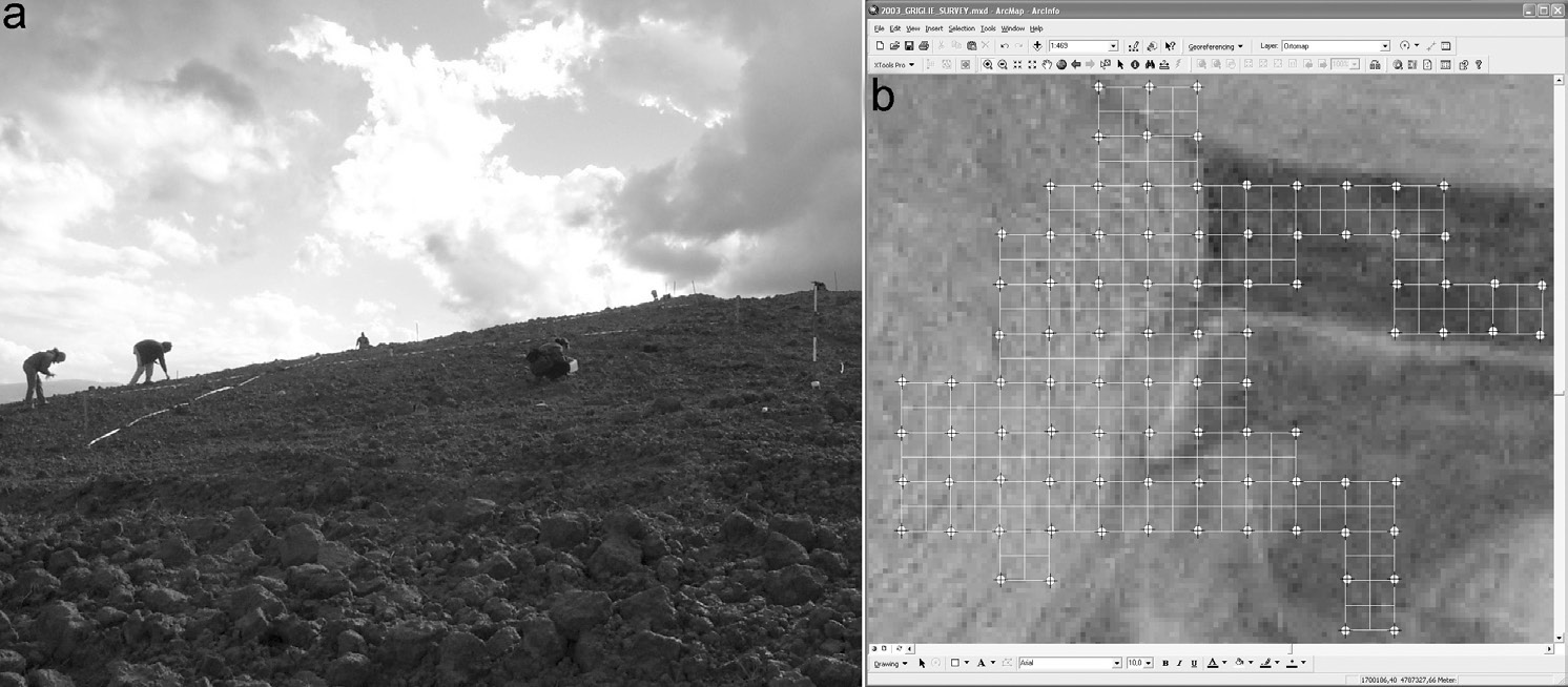 Fig. 2 – a) raccolta di materiali in superficie entro griglie predefinite; b) restituzione in ambiente GIS.