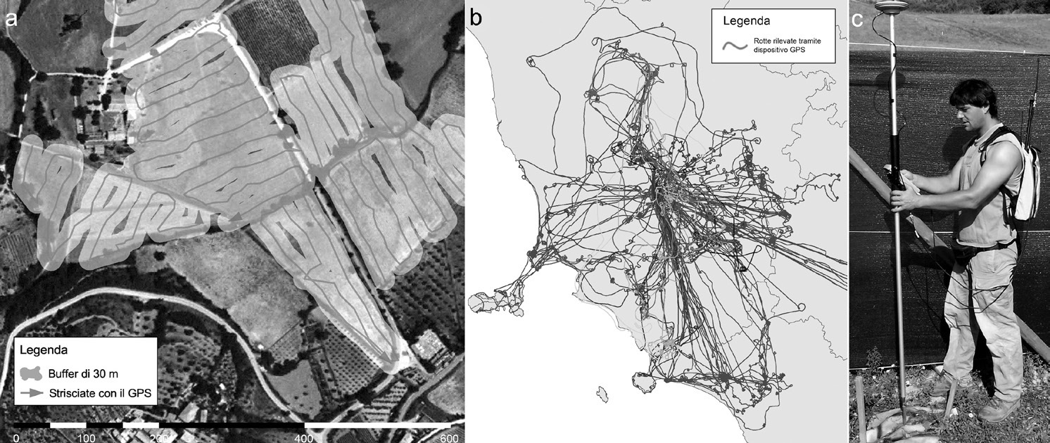 Fig. 3 – a) restituzione e buffer nel GIS archeologico del percorso effettivo seguito durante le strisciate rilevato tramite GPS nel corso delle ricognizioni di superficie; b) tracciati GPS delle ricognizioni aeree condotte tra 2000 e 2004; c) rilievo di un punto di controllo a terra per la rettifica di foto aeree tramite un dispositivo GPS topografico connesso via GSM alla stazione base di Siena.