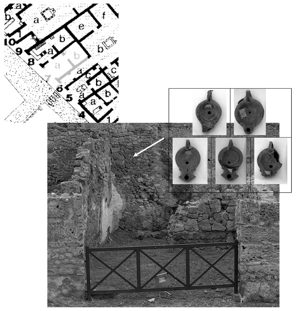 Fig. 2 – Ricontestualizzazione di alcune lucerne custodite nel MANN, provenienti da ambienti a bottega I 2,7.