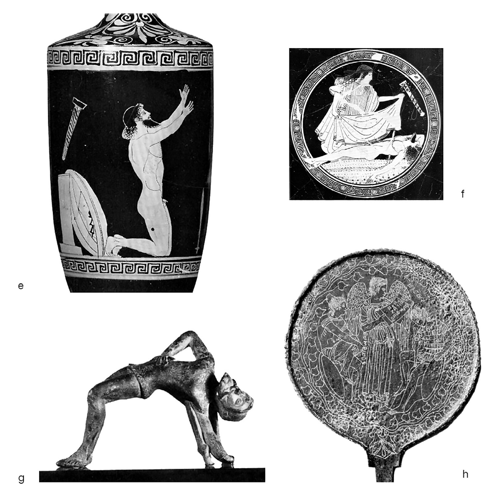 Fig. 1b – Esempi di reperti tratti dal corpus con immagini del mito di Aiace: e), f), g) Aiace suicida (Appendice: nn. 119, 39, 152); h) Aiace e l’Oltretomba (Appendice: n. 133).