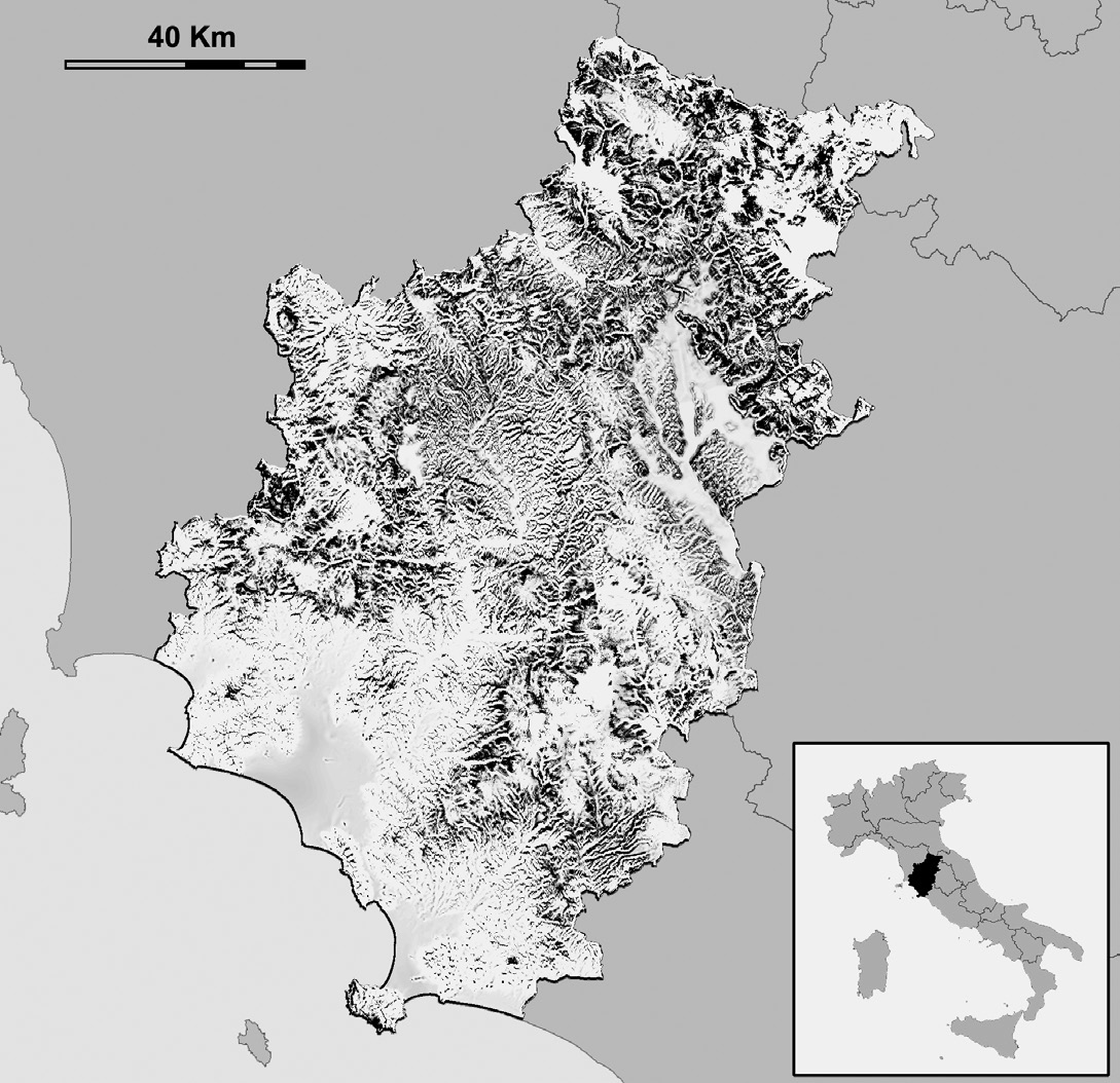 Fig. 3 – The analysis area: south-eastern Tuscany including the Provinces of Grosseto, Siena and Arezzo. This specific analysis was achieved with 14 input variables: cost distance from watersheds and from towns, slope, elevation (DTM) and the relatives 300 meters shifts (North, North-East, East...), their mean and standard deviation.