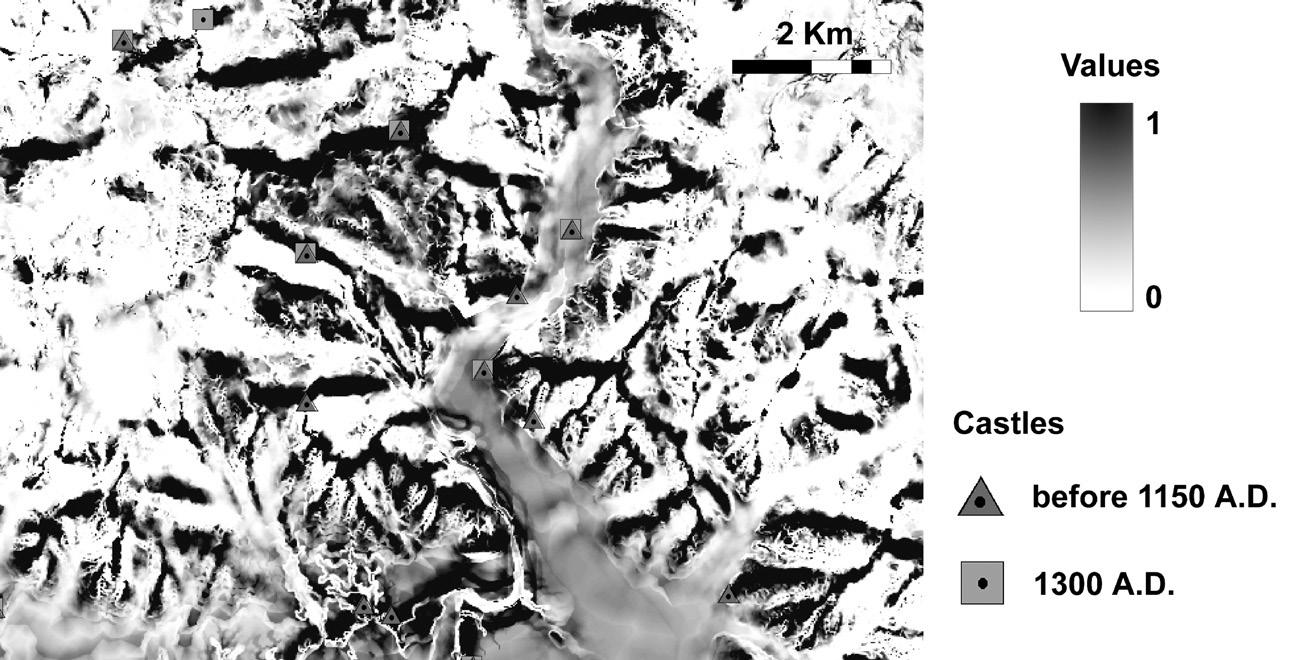 Fig. 6 – Detail of the analysis. Darker areas show a higher probability of castles presence even if the ANN is trained only on castles prior to 1150 A.D.