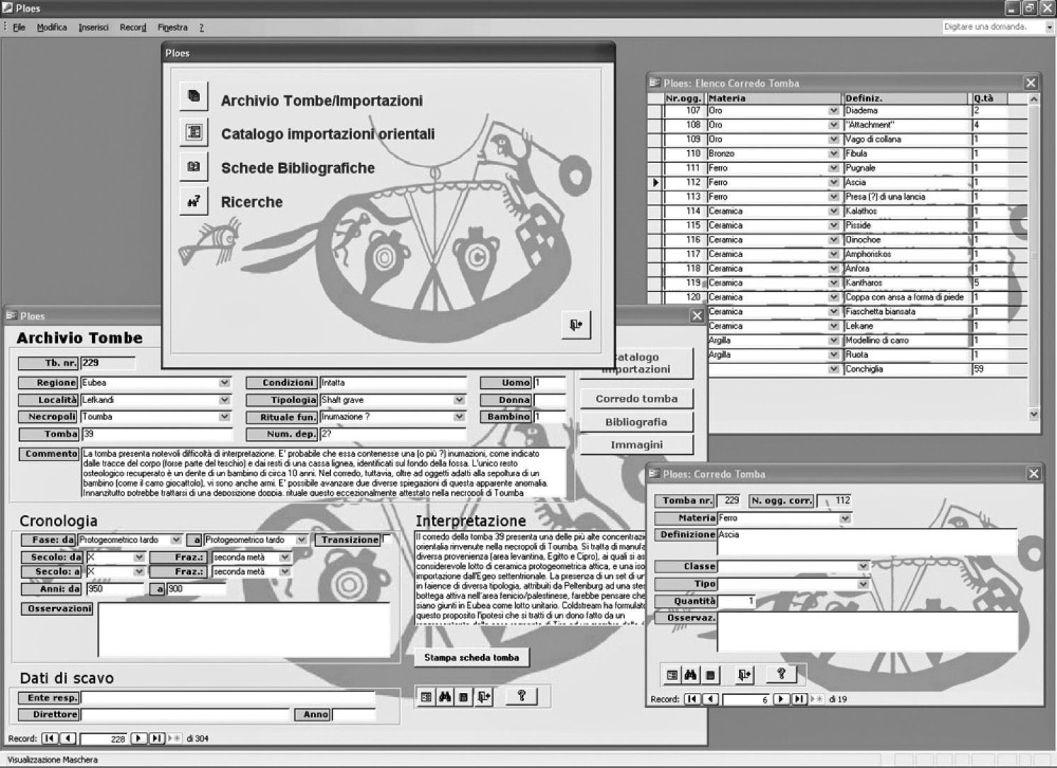 Fig. 1 – Ploes: pannello iniziale con maschere Archivio Tombe e Corredo tomba. In alto a destra vista tabellare degli oggetti delcorredo della tomba selezionata.