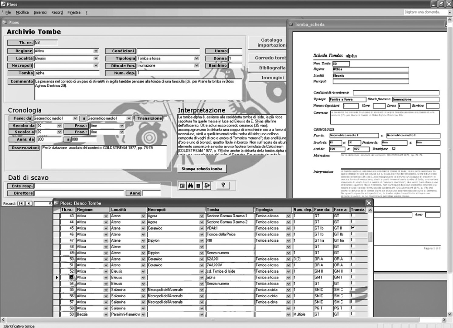 Fig. 2 – Ploes: maschera Archivio Tombe con la visualizzazione dell’elenco di tutte le tombe e del report di stampa della tomba selezionata.