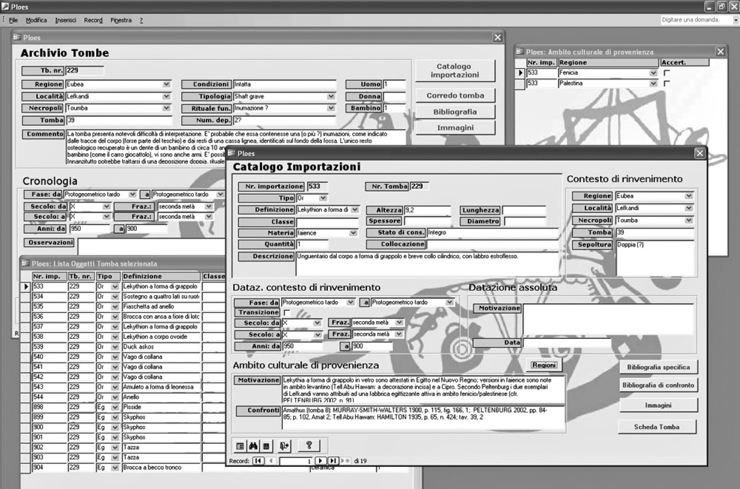 Fig. 3 – Ploes: maschere Archivio Tombe e Catalogo importazioni, con vista tabellare degli Oggetti della tomba e lista degli Ambiti culturali di provenienza dell’oggetto selezionato.