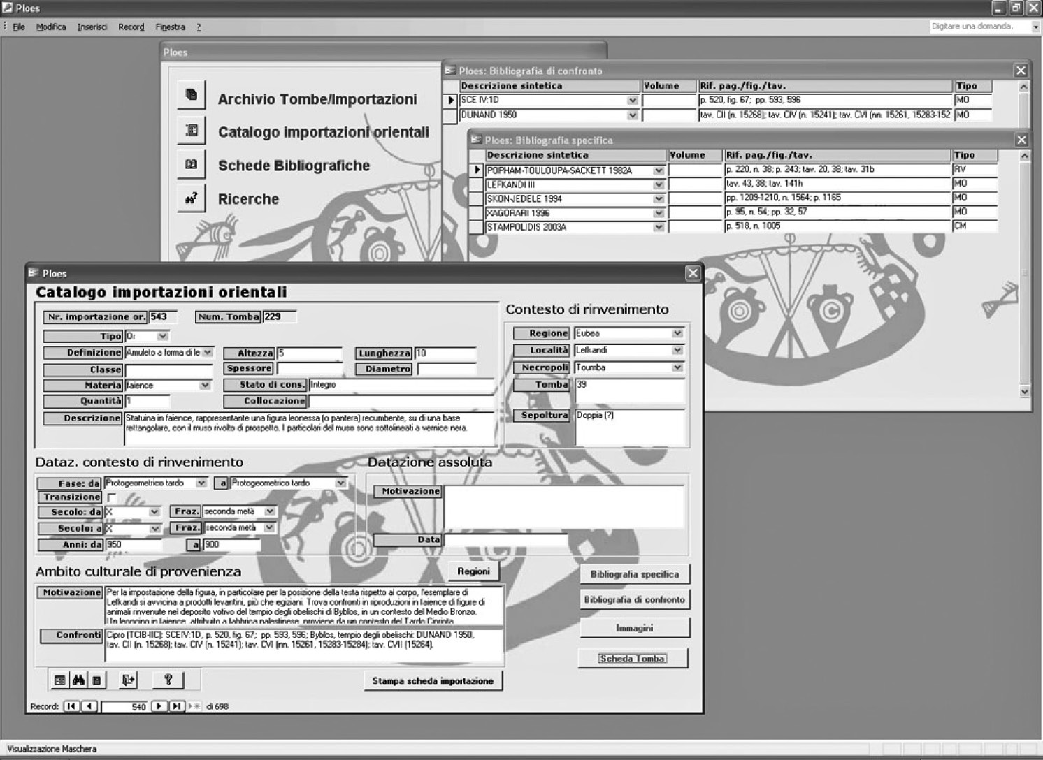 Fig. 4 – Ploes: pannello iniziale con maschera Catalogo importazioni orientali e schede della Bibliografia di confronto e della Bibliografia specifica dell’oggetto selezionato.
