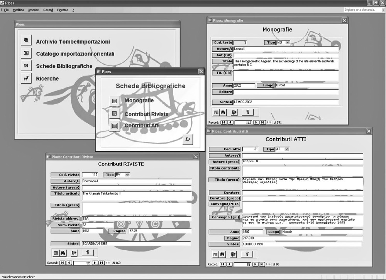 Fig. 6 – Ploes: pannello iniziale e percorso di esplorazione delle Schede bibliografiche, con le maschere relative alle Monografie, ai Contributi riviste e ai Contributi atti.