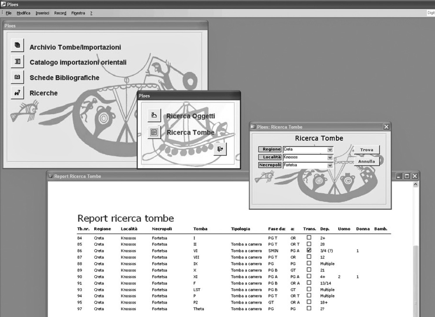 Fig. 8 – Ploes: pannello iniziale e pannello Ricerche. Esempio di Ricerca Tombe in base alla Regione, alla Località ed alla Necropoli. In basso il report di stampa con la lista delle tombe rispondenti ai criteri di ricerca impostati.