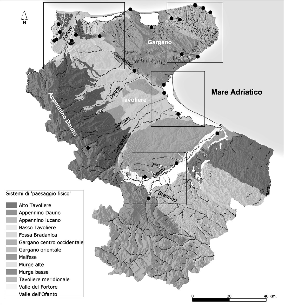 Fig. 8 – Distribuzione spaziale degli insediamenti lungo i sistemi di “paesaggio fisico” (X-IX sec. a.C.).