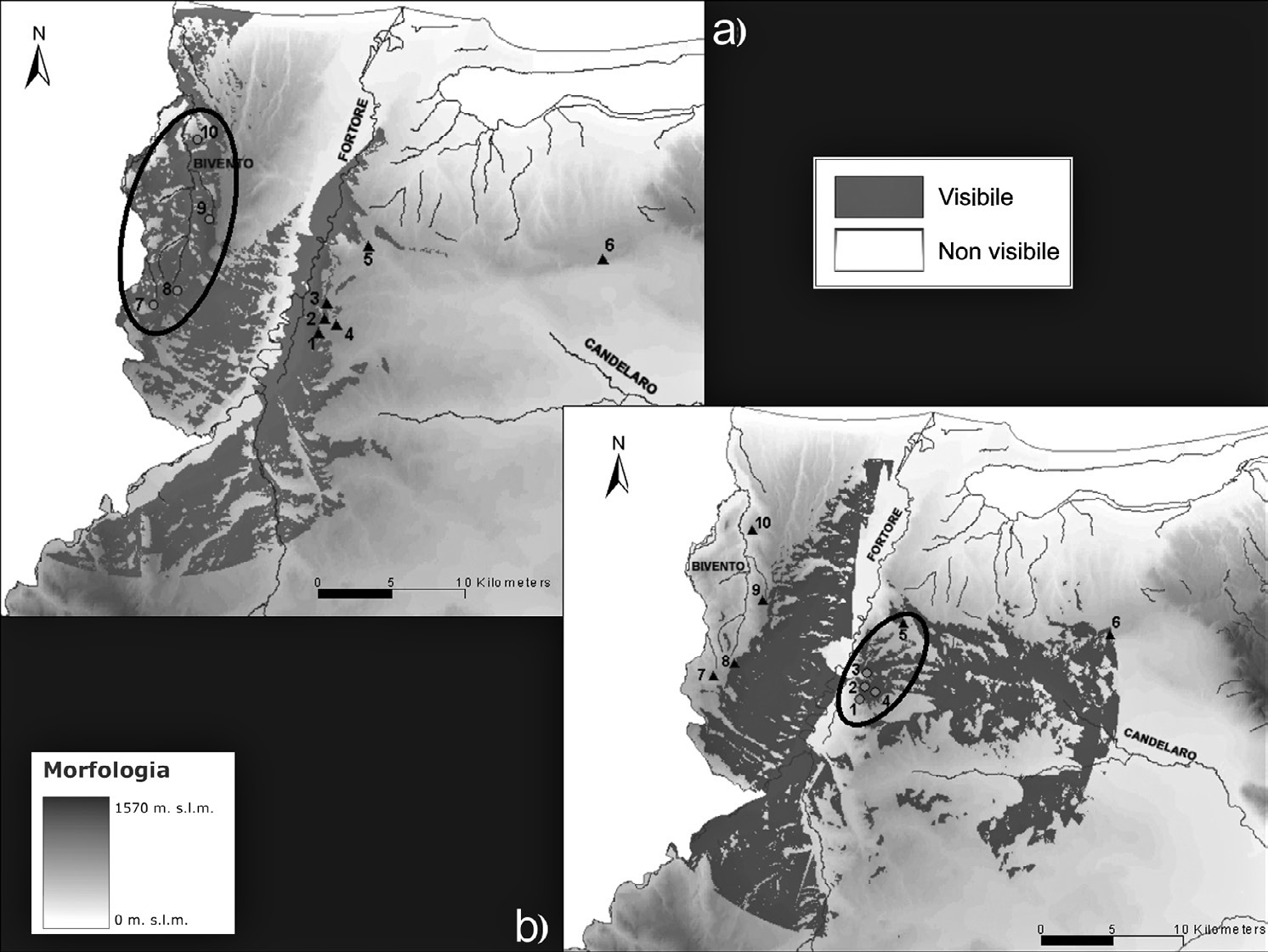 Fig. 10 – Valle del Fortore. Cumulative Viewshed Analysis generata dai siti disposti lungo la sponda sinistra (a) e destra (b) del fiume.