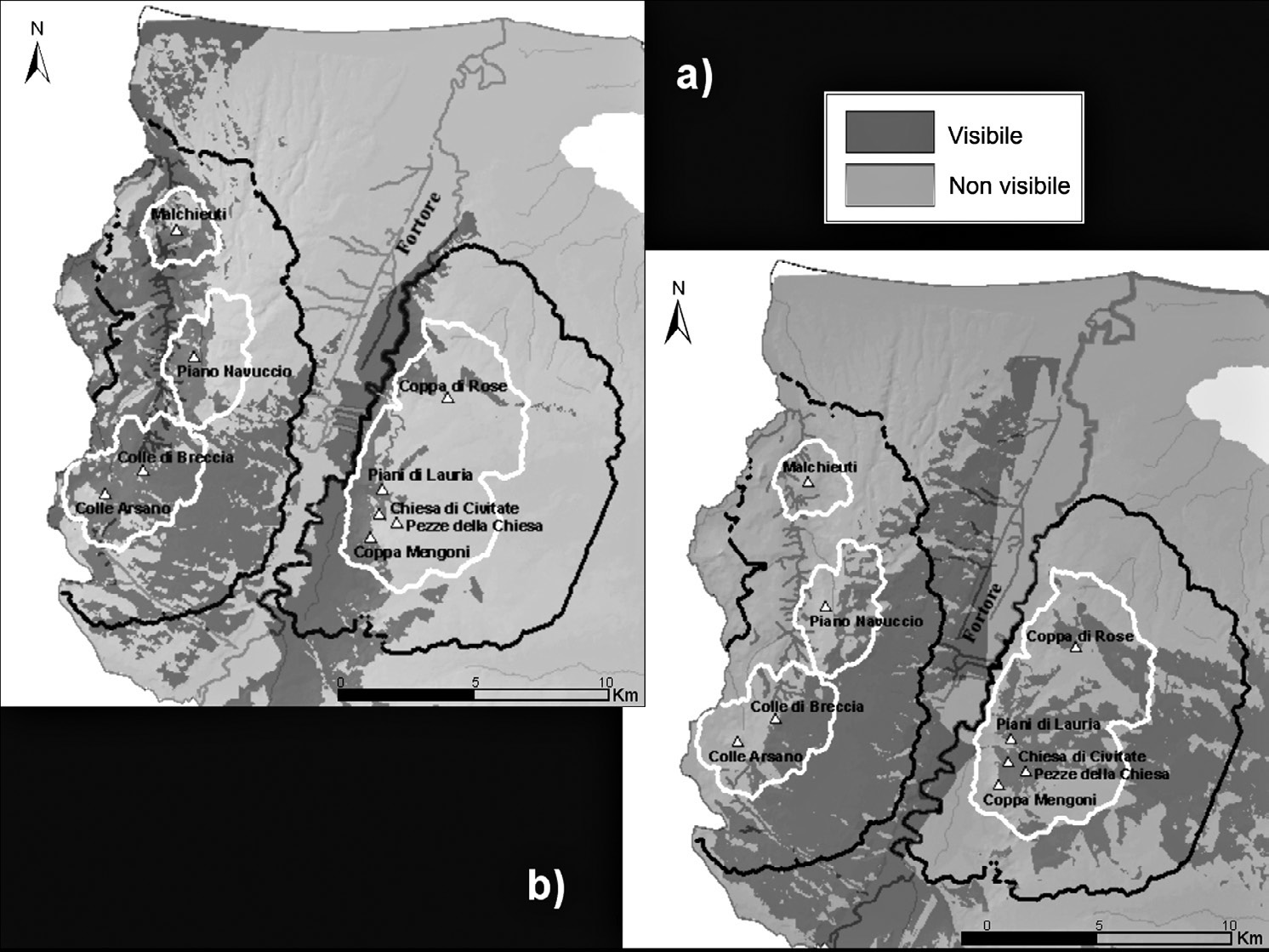 Fig. 11 – Valle del Fortore. Cost Surface Analyses inoverlay alle Viewshed Analyses. Le linee dicolore nero indicano la porzione di territorio percorribile in due ore di cammino.