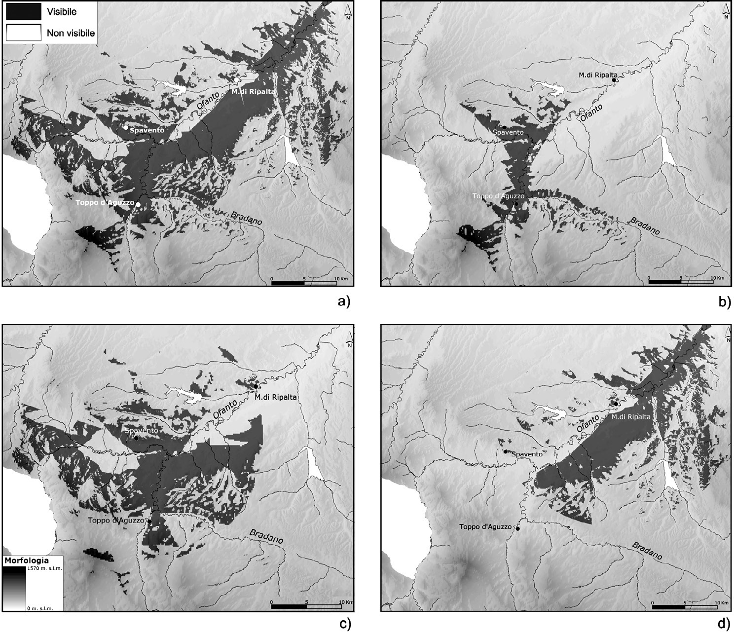 Fig. 13a-d – Valle dell’Ofanto. Cumulative Viewshed Analysis (a); analisi di “campo visivo” da Toppo
d’Aguzzo (b), Spavento (c), M. di Ripalta (d). 