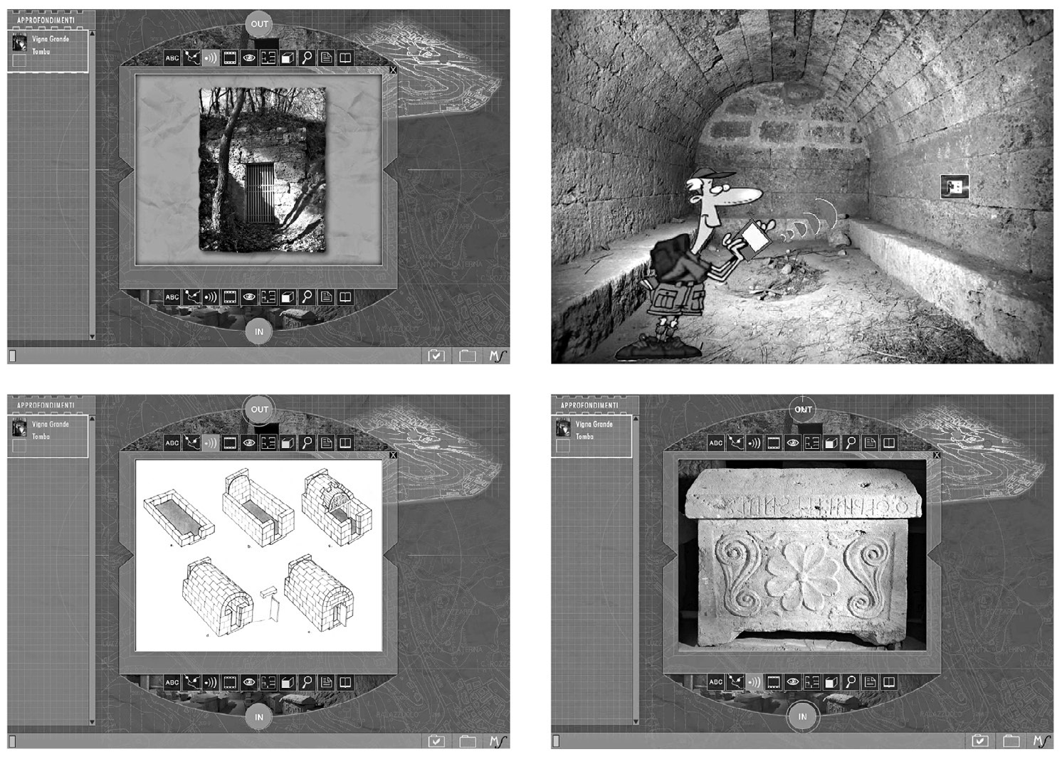 Fig. 6 – Schermate della guida interattiva IN&OUT nel caso di una visita all’interno di un’area archeologica.