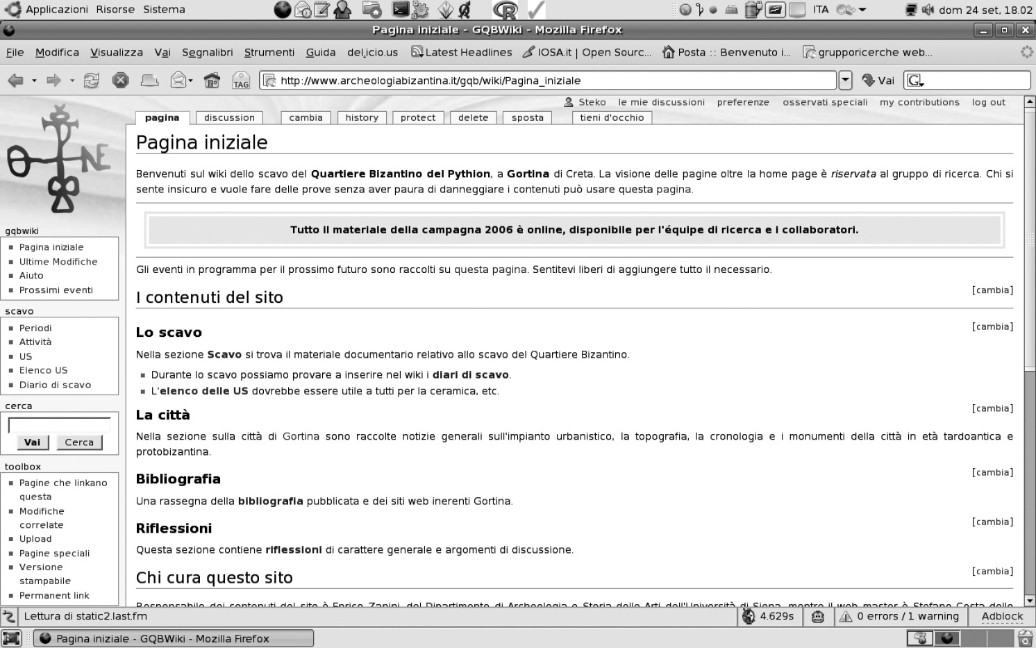 Fig. 5 – Home page del wiki dedicato alla scavo del Quartiere Bizantino del Pythion di Gortina (http://archeologiabizantina.it/gqb/wiki/Pagina_iniziale).