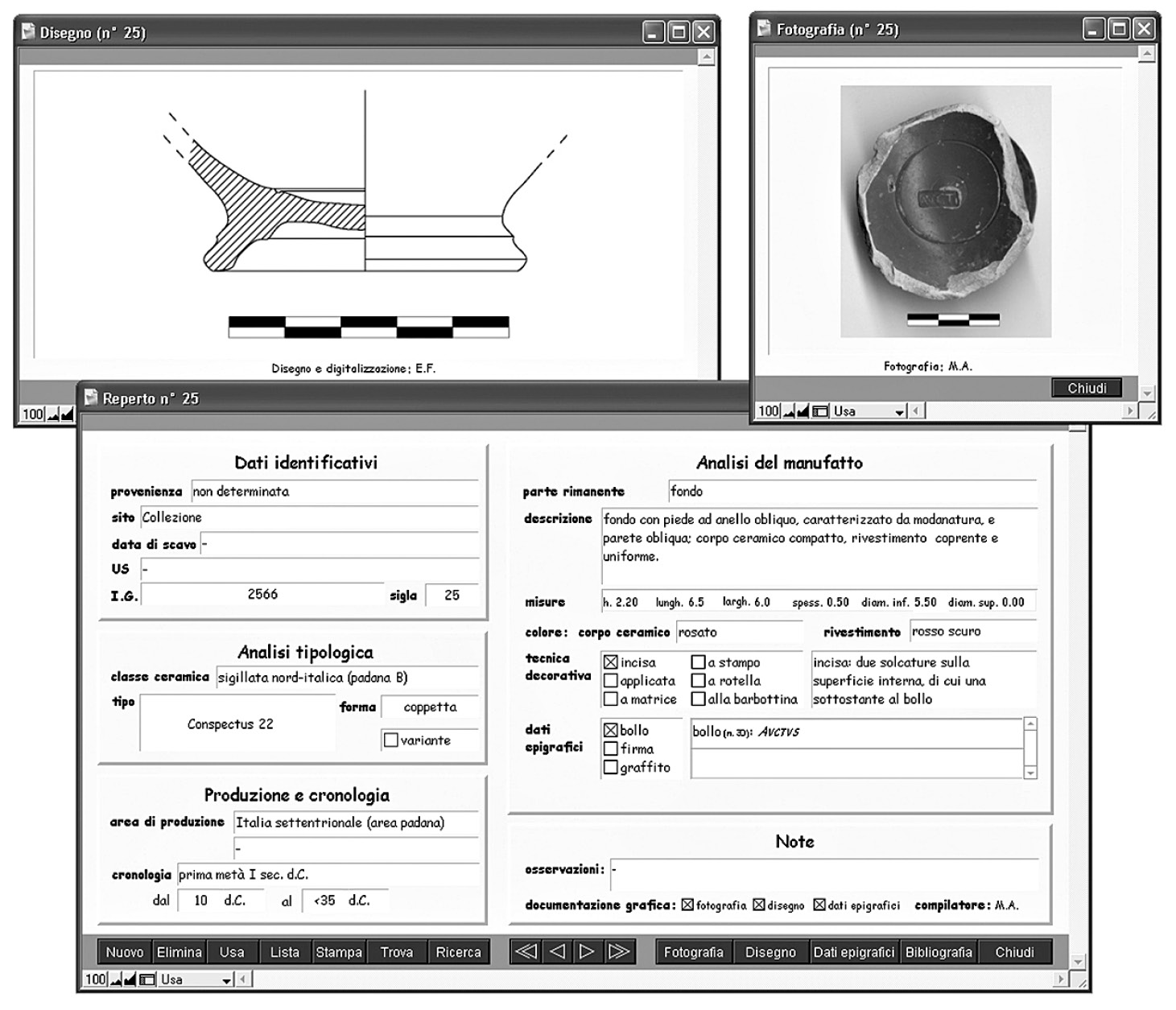 Fig. 1 – Visione d’insieme delle tre finestre che raccolgono i dati di ogni reperto: la scheda principale con le informazioni testuali e le due schede grafiche che riportano disegno e fotografia.