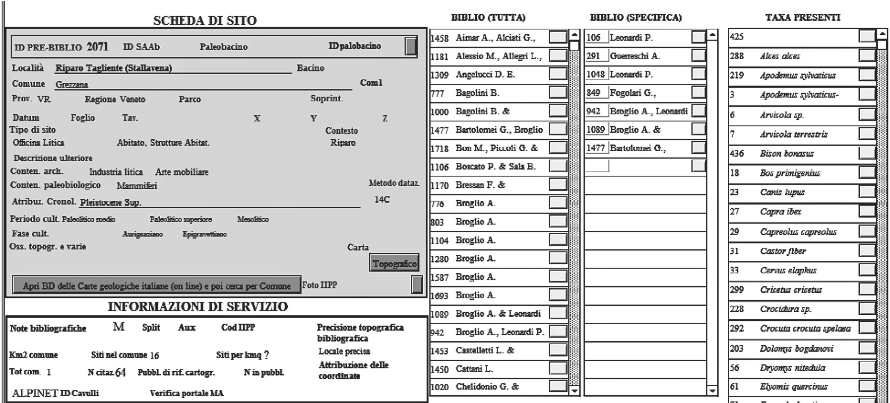 Fig. 2 – Scheda bibliografica. Nel riquadro in alto a sinistra le informazioni principali della banca dati bibliografica.Da notarei due campi territoriali “areale” e “regione”; quest’ultimo va riempito quando nel primo si definisce che il lavoro è a scala regionale. I due campi, volutamente ridondanti rispetto alla scheda sito, permettono una definizione sintetica del territorio che l’Autore ha preso in esame. A destra le finestre a scorrimento mostrano le schede collegate degli altri archivi. In basso a destra i tasti grigi attivano le macro di esportazione delle schede eventualmente selezionate. Nel riquadro in basso a sinistra è possibile controllare la media di collegamenti alla banca dati dei siti per un determinato gruppo di opere selezionate, cosa che ha permesso la stima accurata dei collegamenti dell’intero progetto. Il campo “Biblioteche” prevede un collegamento ai siti Internet delle biblioteche specializzate dove l’opera è sicuramente presente.