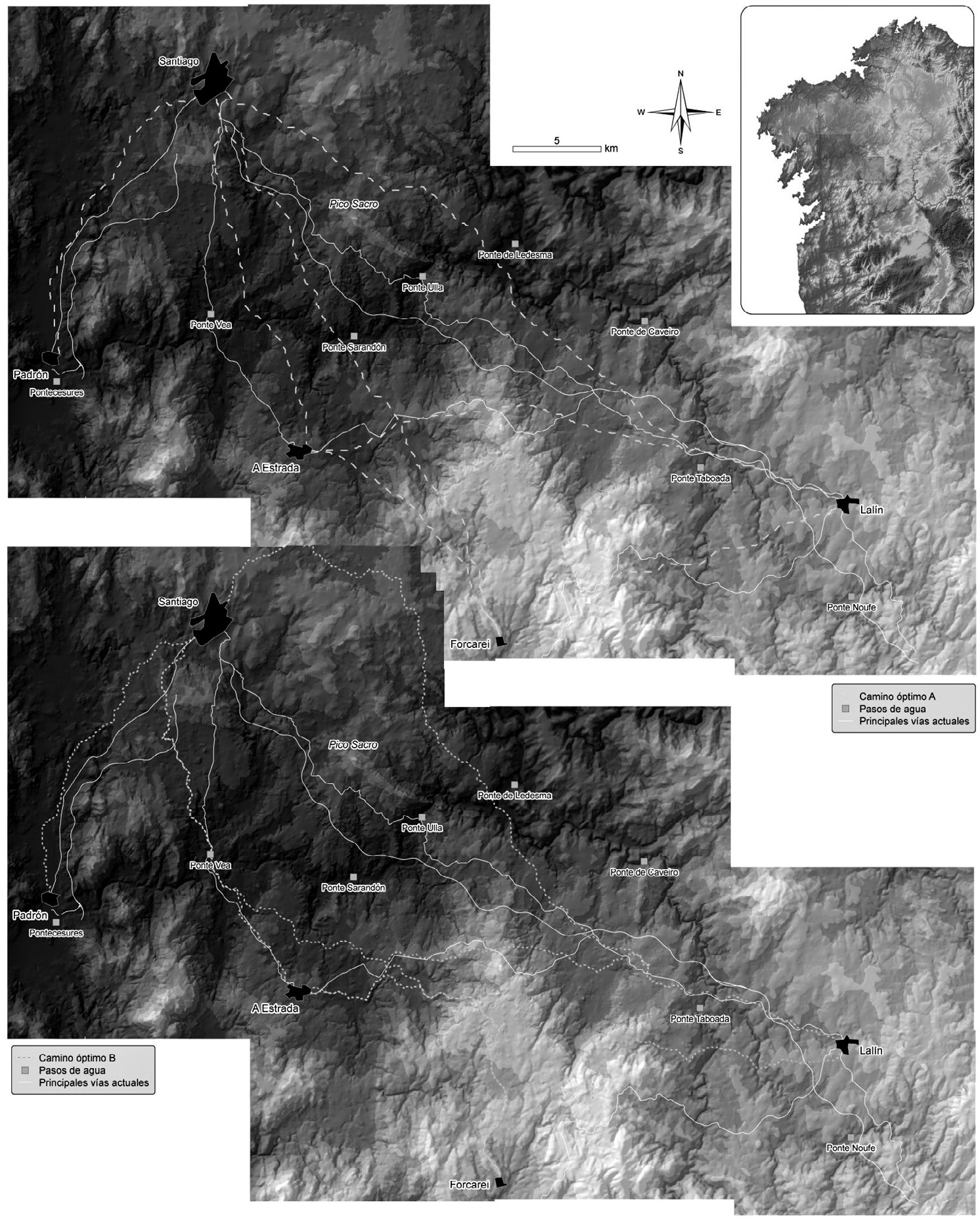 Fig. 2 – Optimal routes between the main towns, according to Tobler 1993 (A) and Bell, Lock 2000 (B) algorithms.