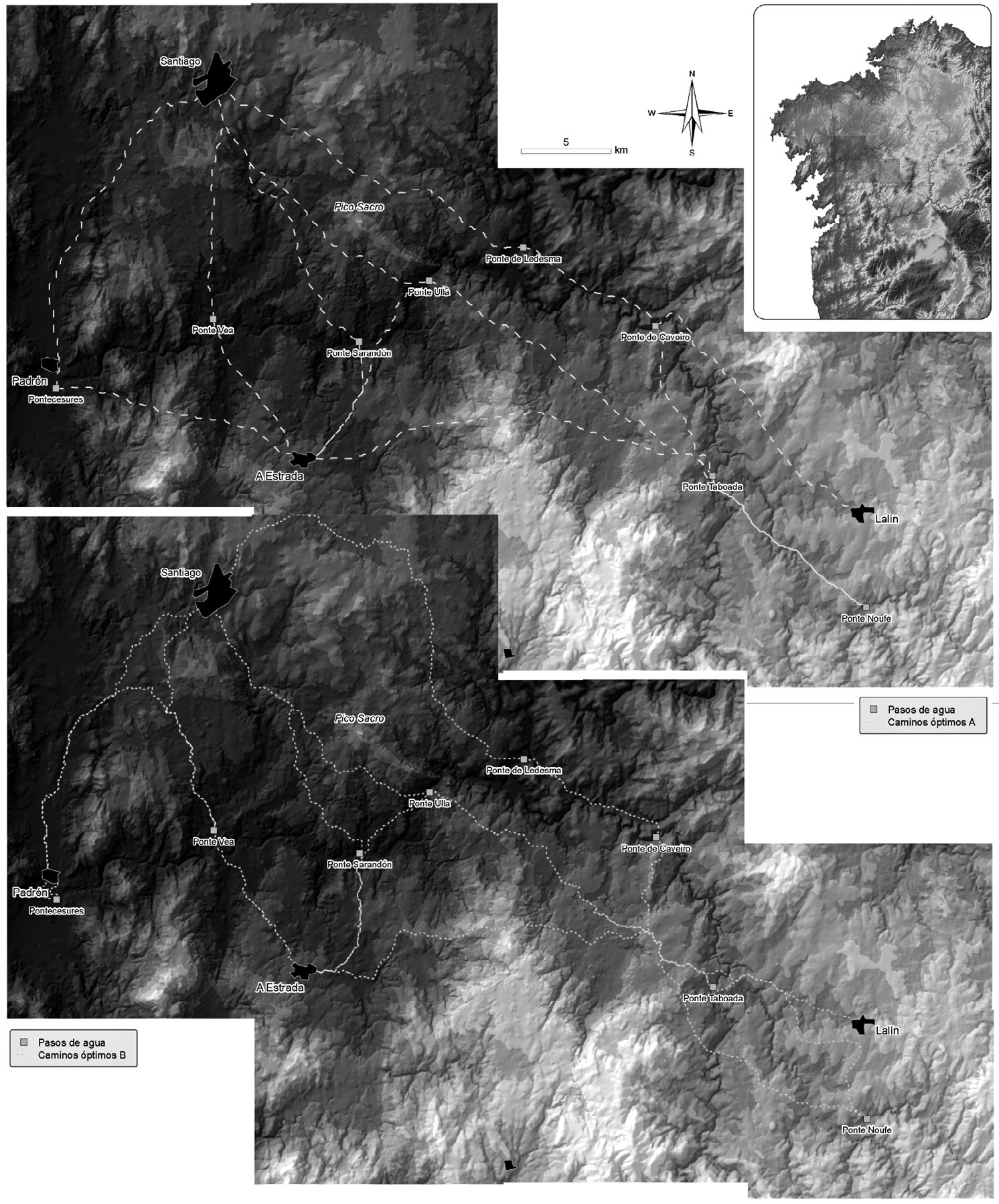 Fig. 3 – Optimal routes between the main towns and the points for river crossing, according to Tobler 1993 (A) and Bell, Lock 2000 (B) algorithms.