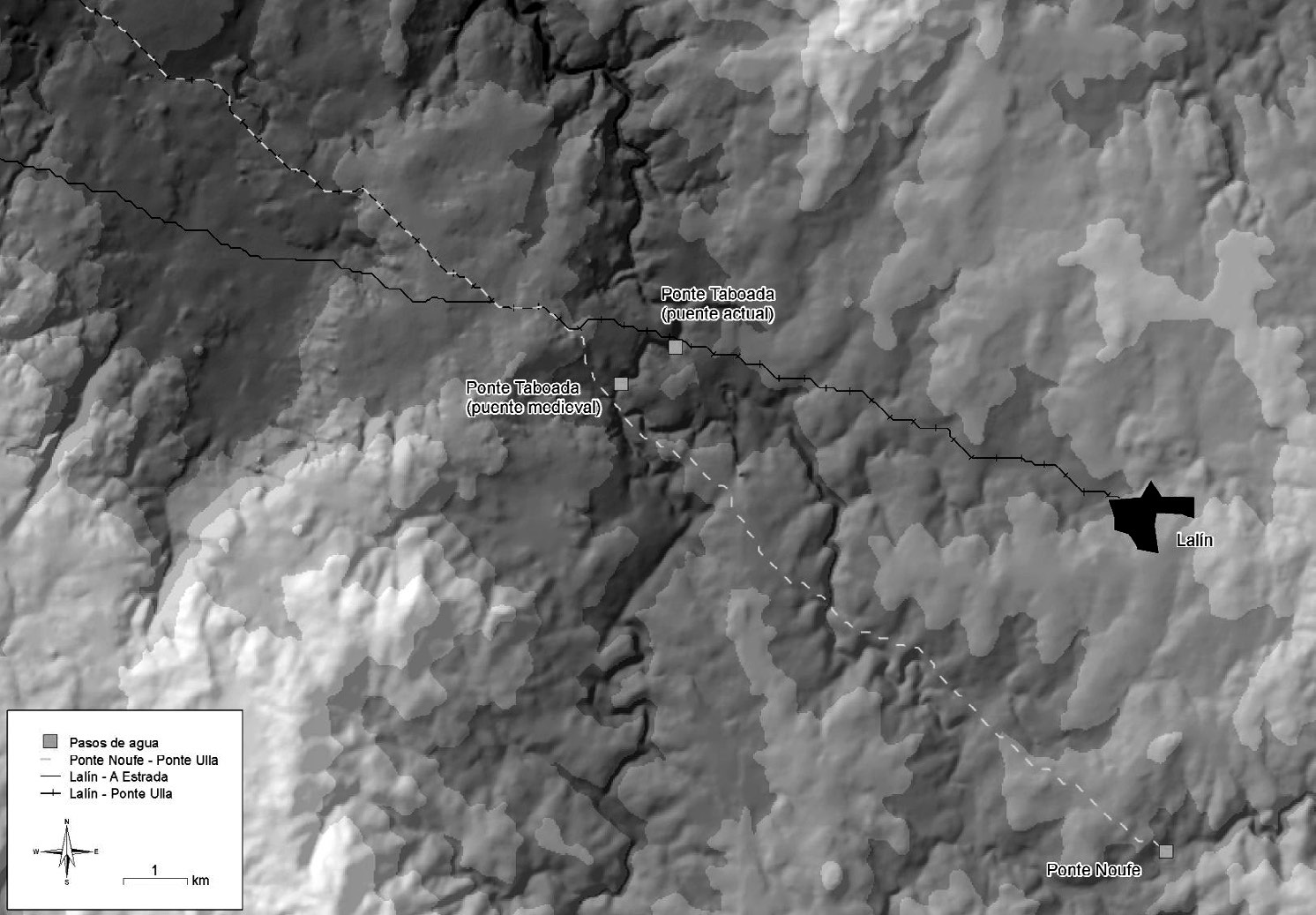 Fig. 5 – Detail of Fig. 4 in the area around Lalín and Ponte Taboada (routes according to Tobler (A) algorithm).