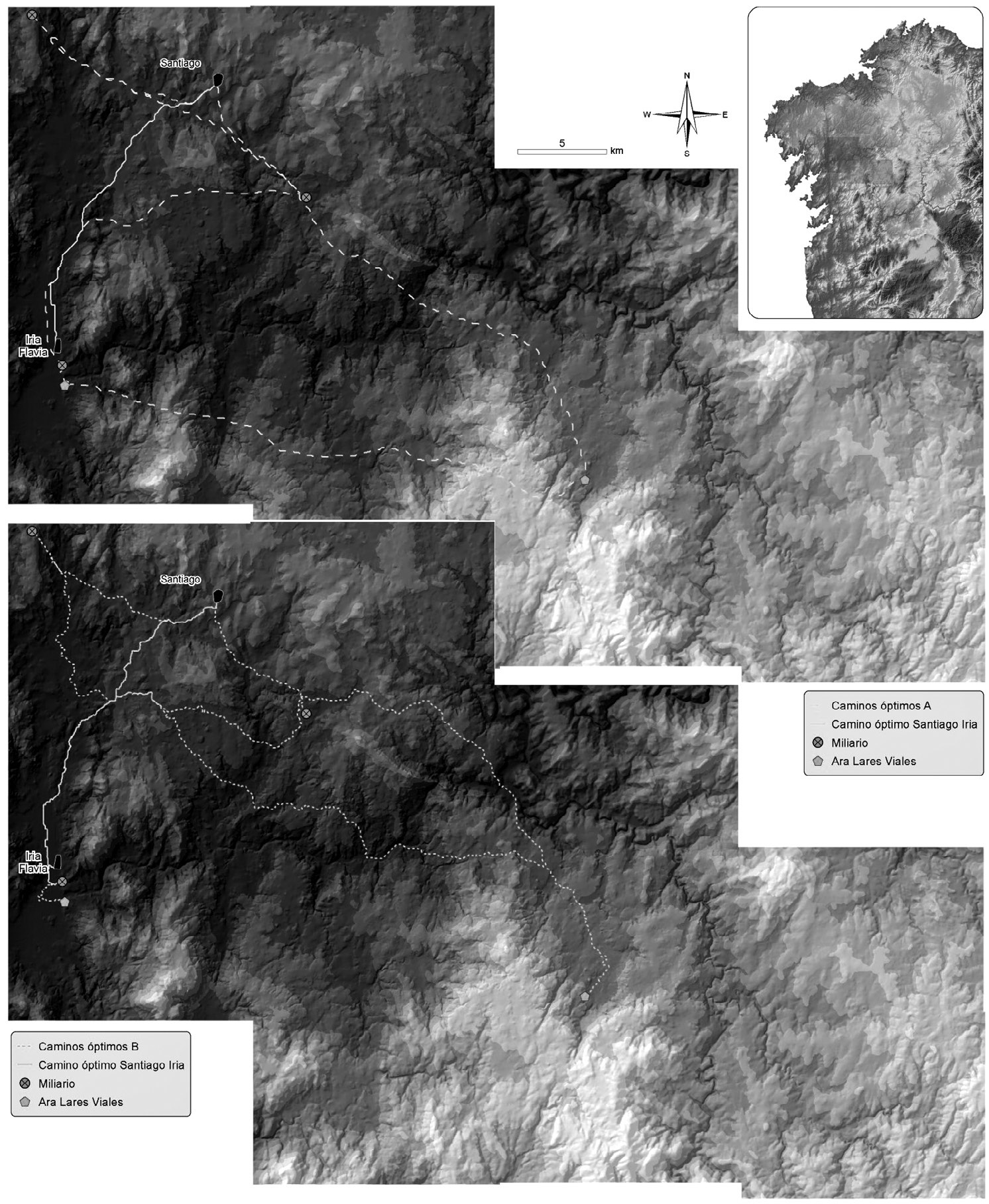 Fig. 7 – Optimal routes between Roman period nodes, according to Tobler 1993 (A) and Bell, Lock 2000 (B) algorithms.