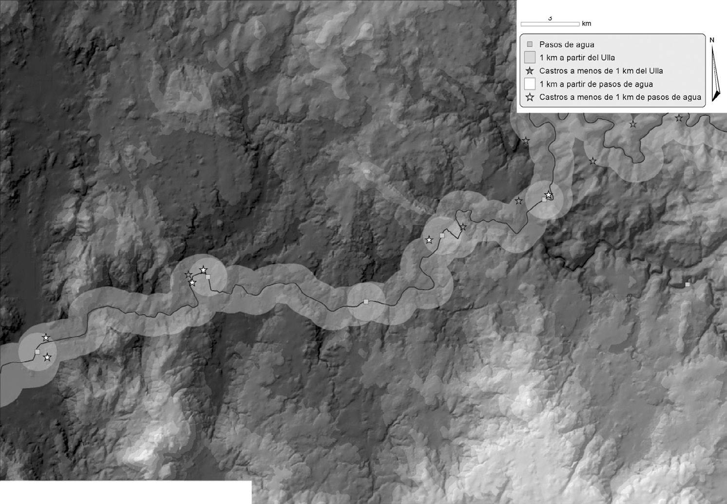 Fig. 8 – Relationship of lineal proximity between hill forts, the Ulla river and historical bridges.