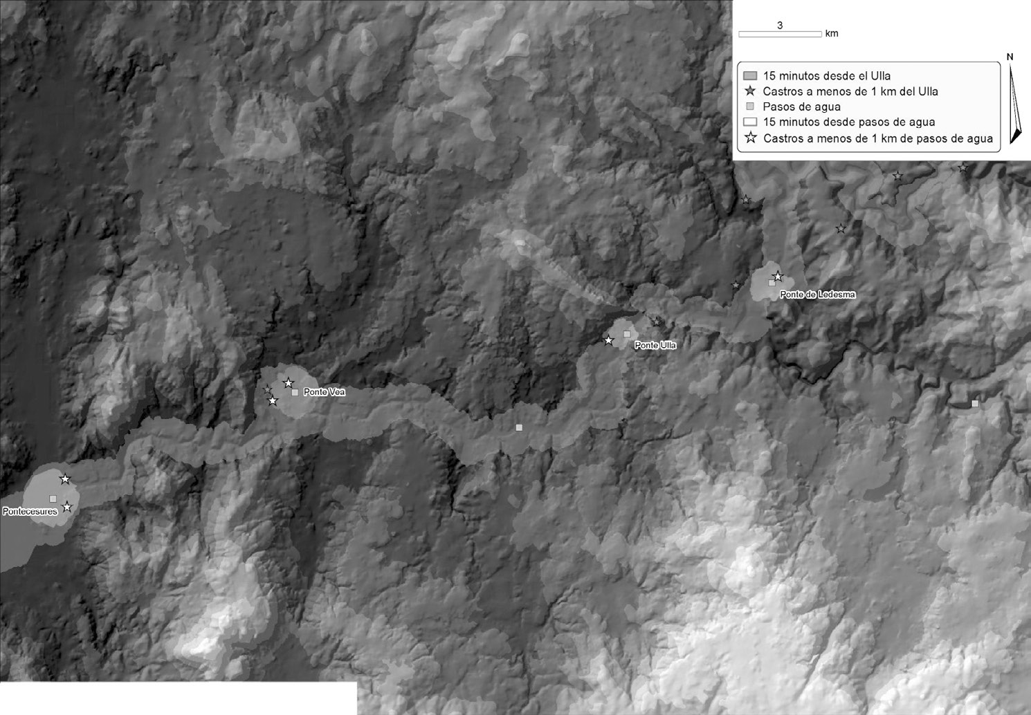 Fig. 9 – Relationship of accessibility between hill forts, the Ulla river and historical bridges