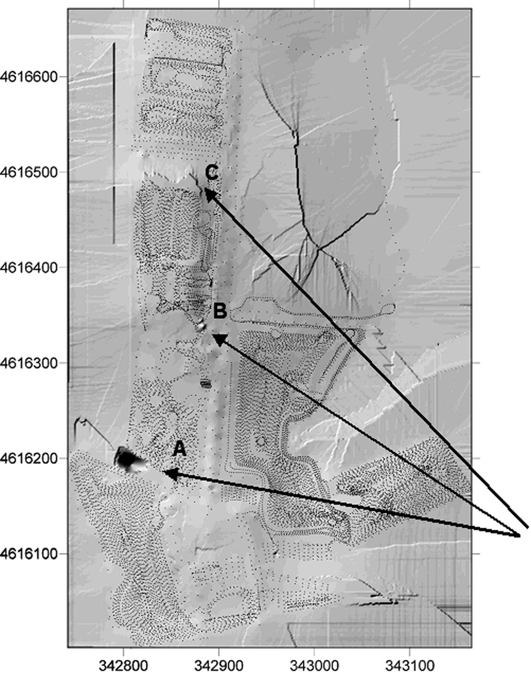 Fig. 5 – Restituzione shaded dell’area indagata. Le frecce indicano anomalie nella restituzione 3D dovute a errori di misura.