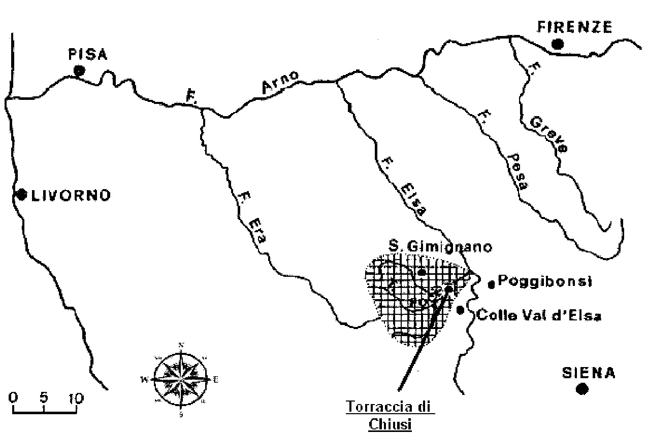 Fig. 2 – Ubicazione del bacino del torrente Foci e del sito di Torraccia di Chiusi in relazione ai maggiori corsi d’acqua del Toscana settentrionale.