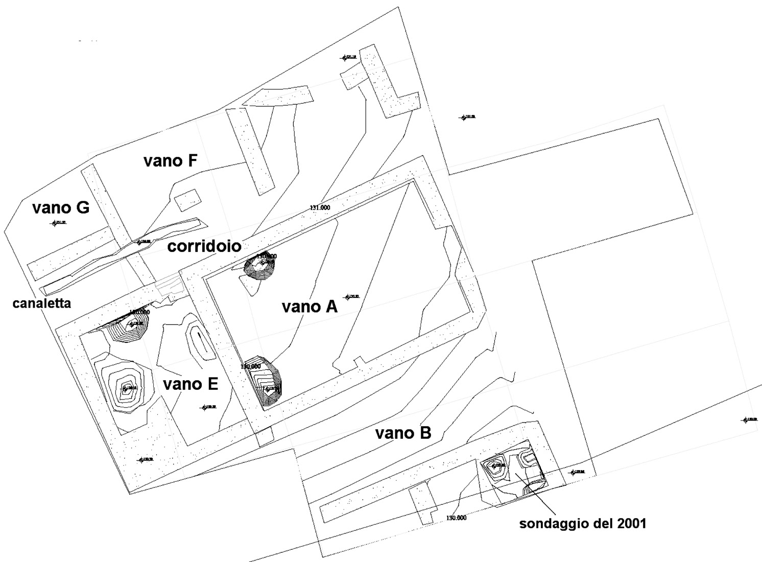 Fig. 3 – Pianta realizzata a CAD dello scavo di Torraccia di Chiusi (campagna 2006); il posizionamento del sito è stato georeferenziato mediante GPS con sistema di riferimento Gauss-Boaga.