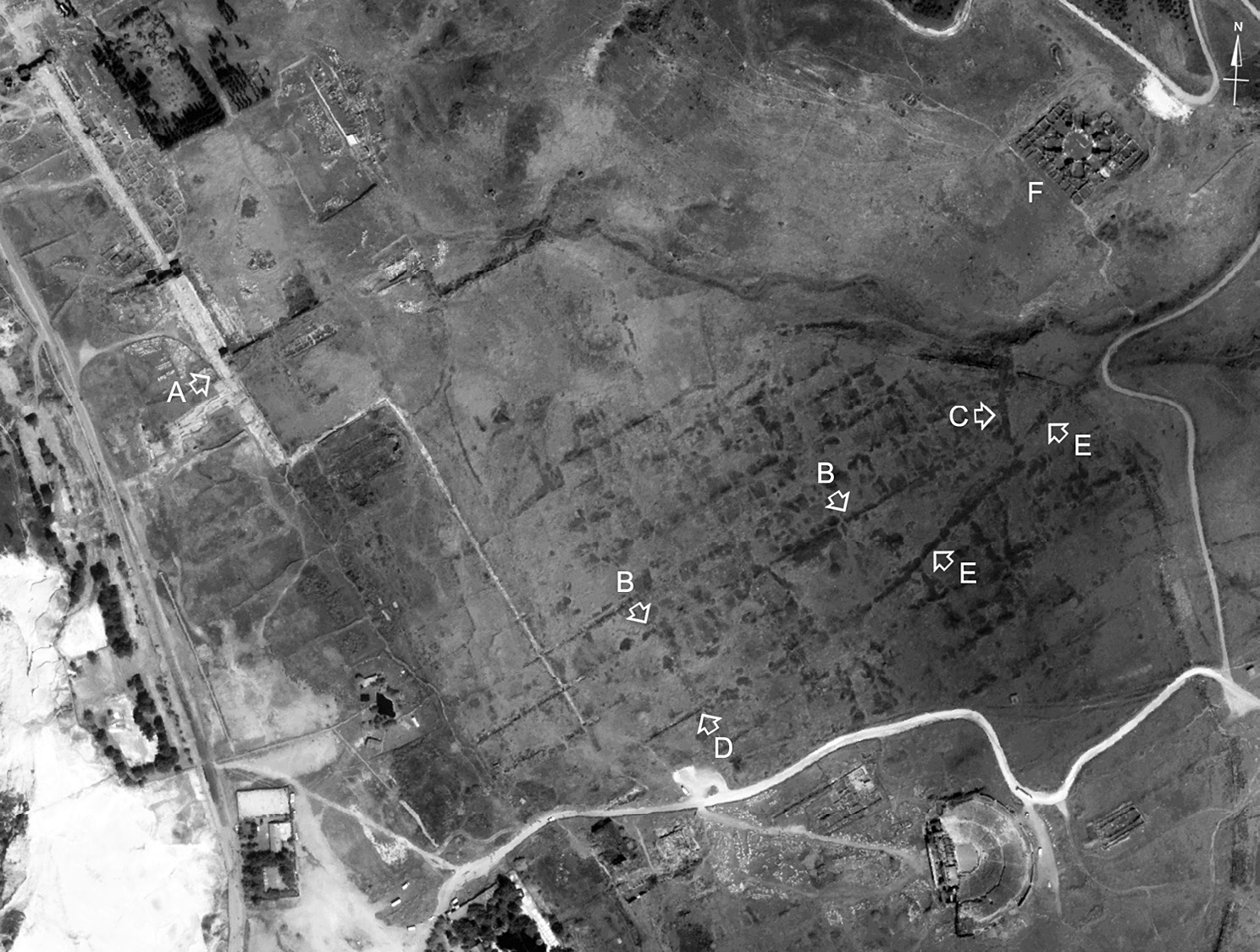 Fig. 2 – Immagine satellitare pancromatica del 2002 in cui è visibile la parte nord-orientale di Hierapolis: A, tratto scavato della plateia; B, traccia dello stenopos 13; C, traccia del raccordo tra lo stenopos 13 e la Porta di S. Filippo, aperta nelle mura proto-bizantine; D, traccia dello stenopos 15; E, traccia della deviazione dello stenopos 15; F, Martyrion di S. Filippo.