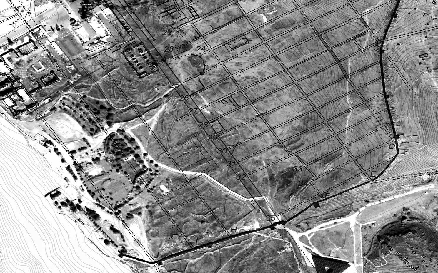 Fig. 7 –Georeferenziazione dell’immagine satellitare pancromatica del 2005 sulla planimetria di Hierapolis, con vettorializzazione delle tracce edeiresti dell’impianto urbano edipotesi ricostruttive: le lettere ed i numeri si riferiscono agli stenopoi (elab. G. Di Giacomo).