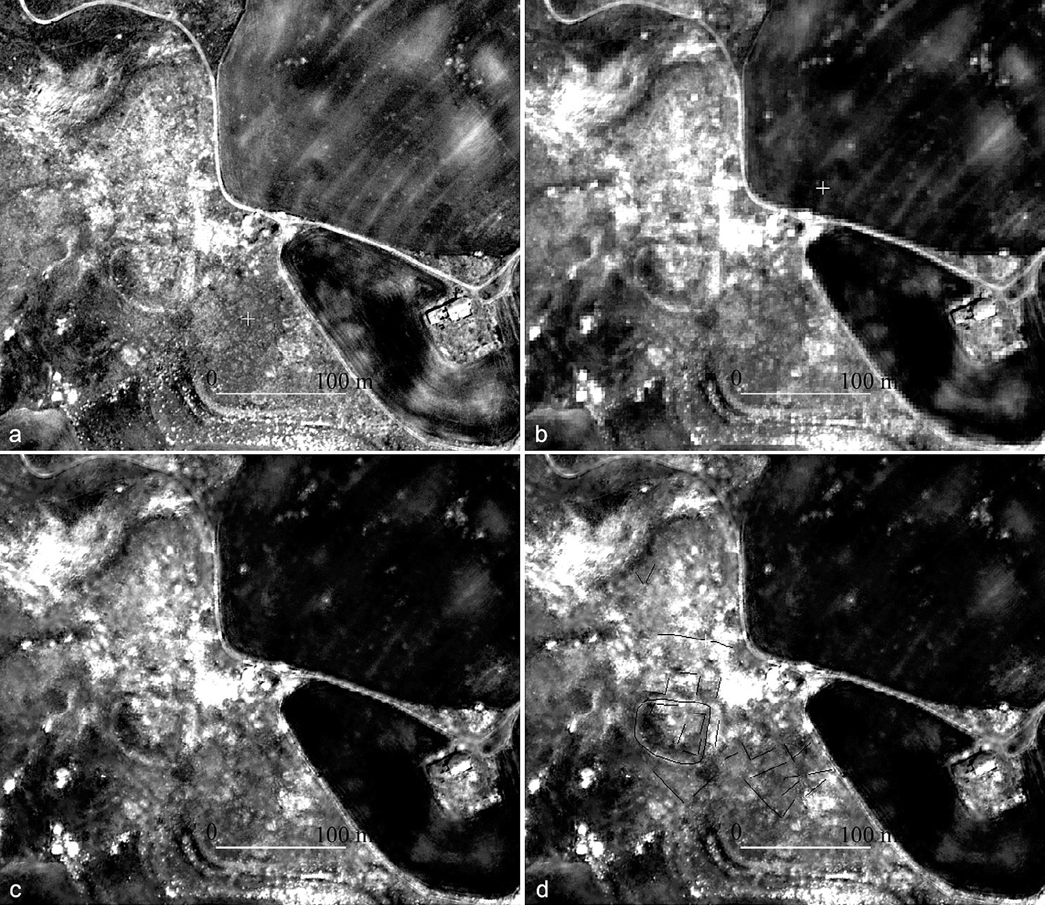 Fig. 13 – Monte Irsi: (a) immagine pancromatica; (b) data fusion pan x VIR; (c) VIR prodotto del data fusion con algoritmo di Zhang (Zhang 2004); (d) immagine precedente con individuazione delle tracce di interesse archeologico.