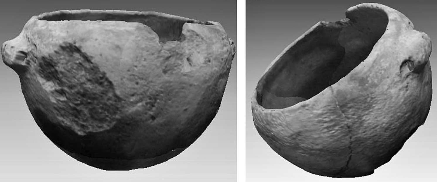 Fig. 1a-b – Vessel showing the cracks due to the surface damage and the breach on the rim.