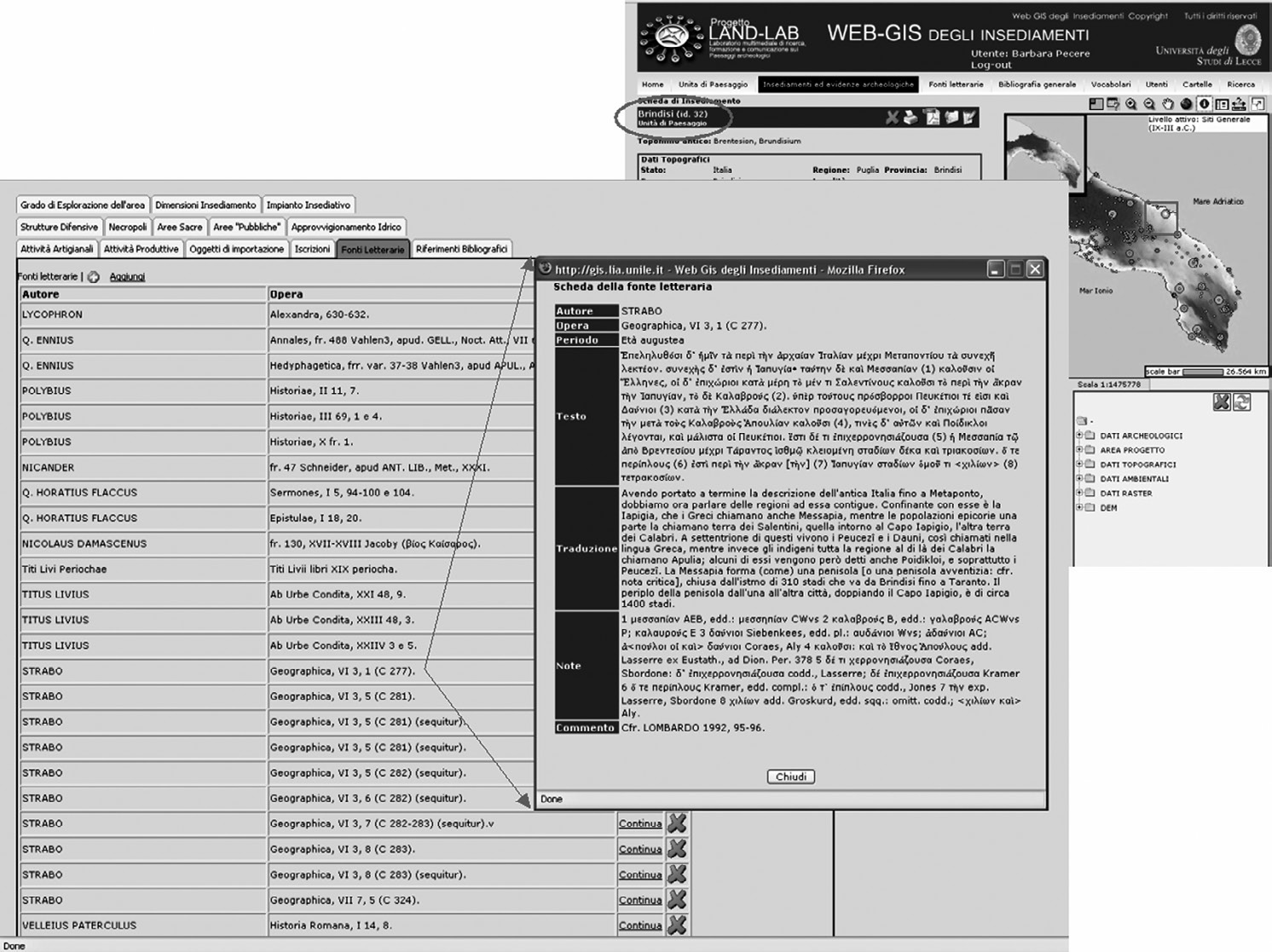 Fig. 6 – Settlement’s WebGIS: example of literary sources search.