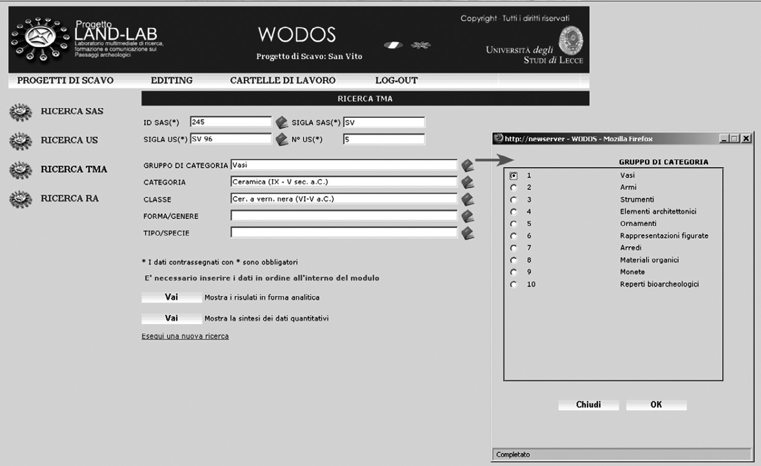 Fig. 7 – WODOS: TMA ‘search’ function.