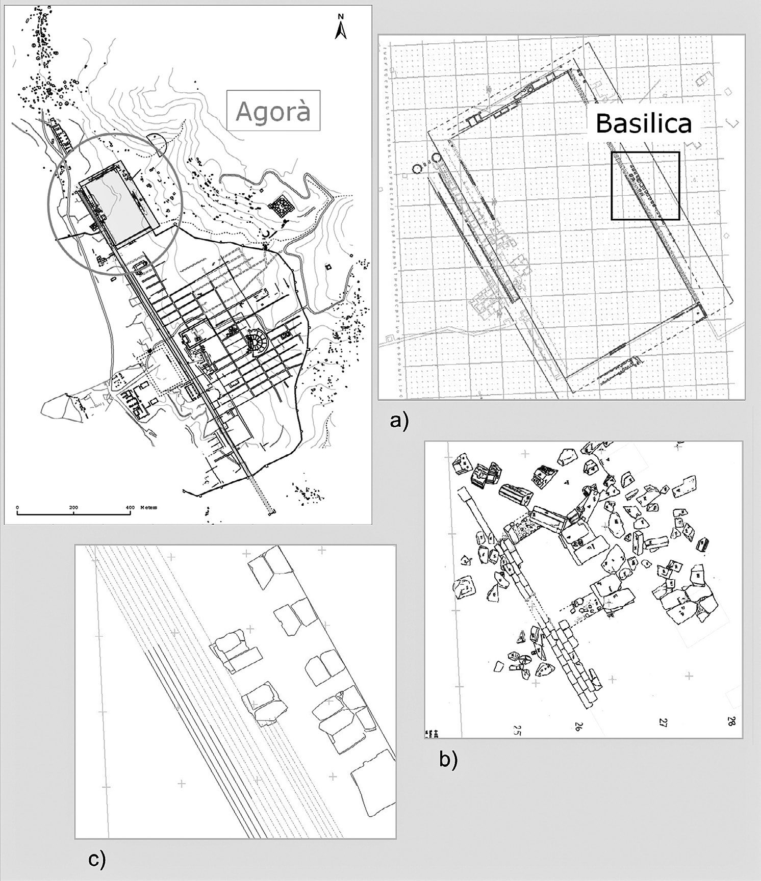 Fig. 2 a-c – Georeferenziazione dei vecchi rilievi acquisiti con tecniche tradizionale nell’area dell’Agora nord .