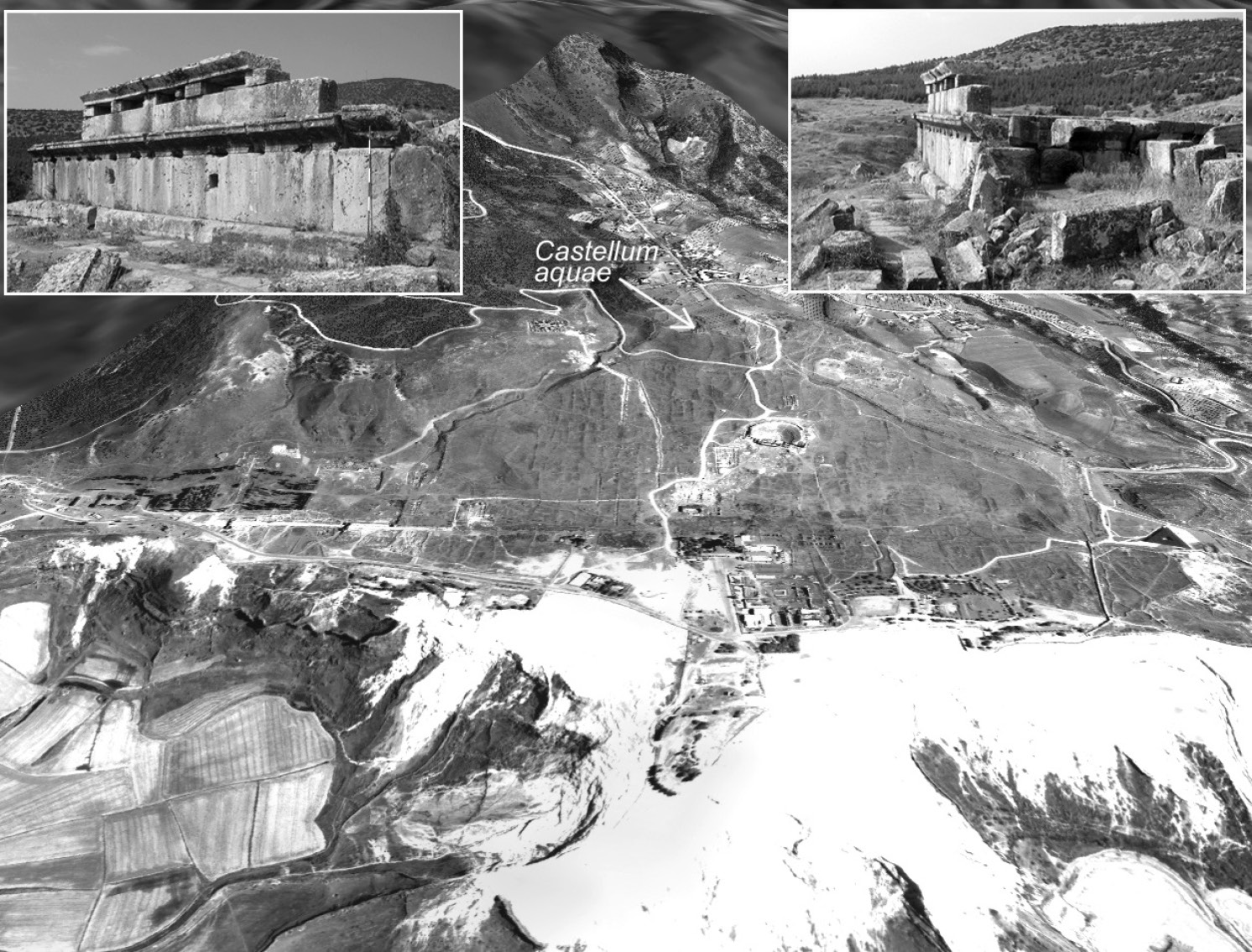 Fig. 3 – Veduta di Hierapolis da O, ottenuta georeferenziando un’immagine satellitare QuickBird 2 su un DEM basato sui dati SRTM; in alto, due fotografie del Castellum aquae.