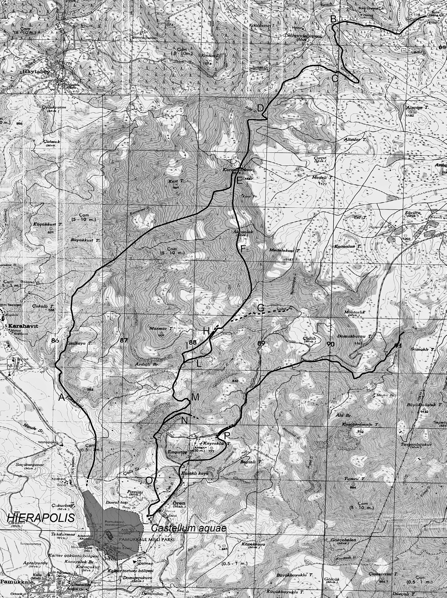 Fig. 4 – I tracciati degli acquedotti di Hierapolis georeferenziati su un mosaico di quattro cartografie in scala 1:25.000 (Harita Genel Komutanl???: U?ak L22 d3-d4, Denizli M22 a1-a2).