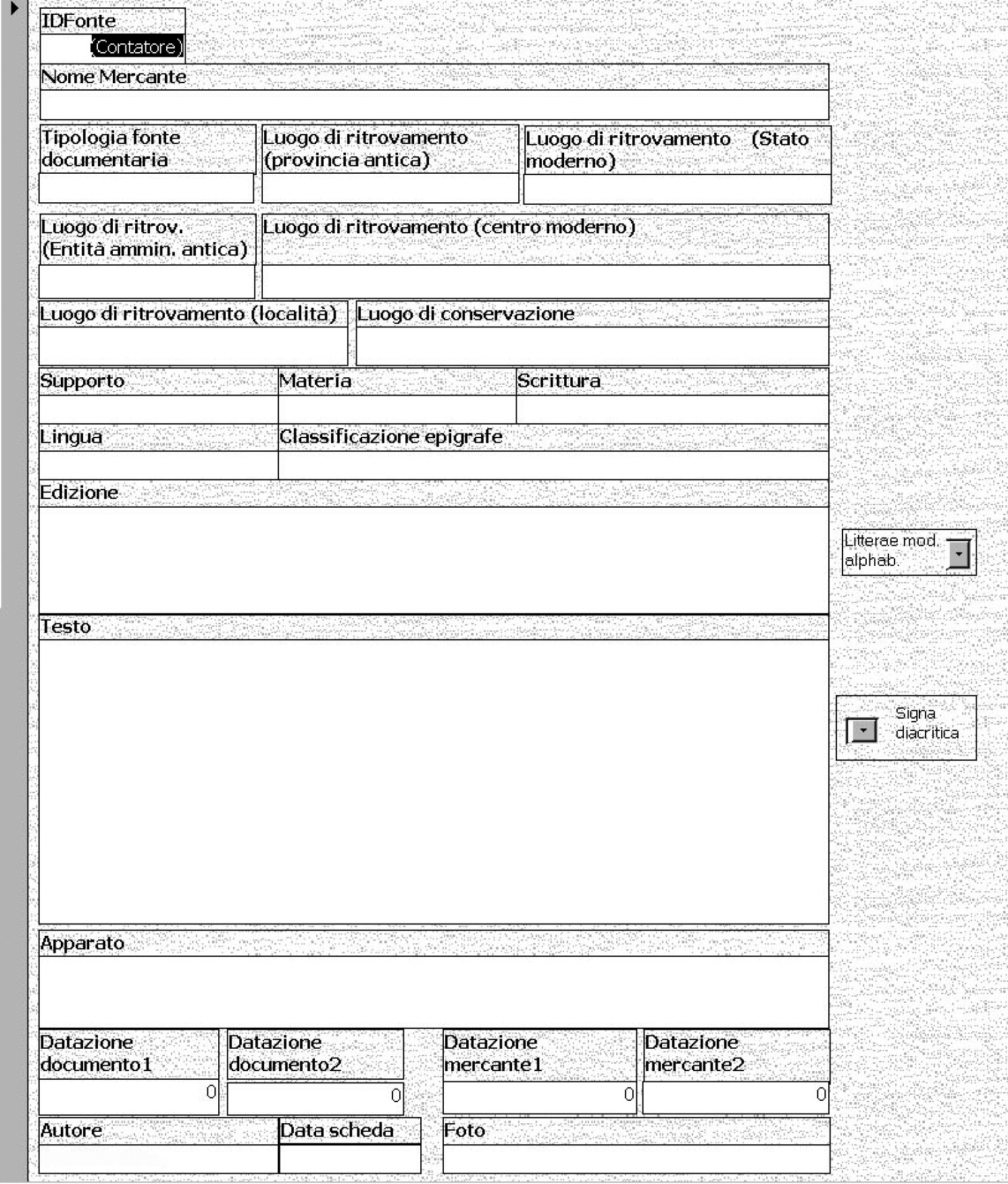 Fig. 2 – Maschera di inserimento dati B: tipologia, trascrizione e cronologia delle fonti testuali.