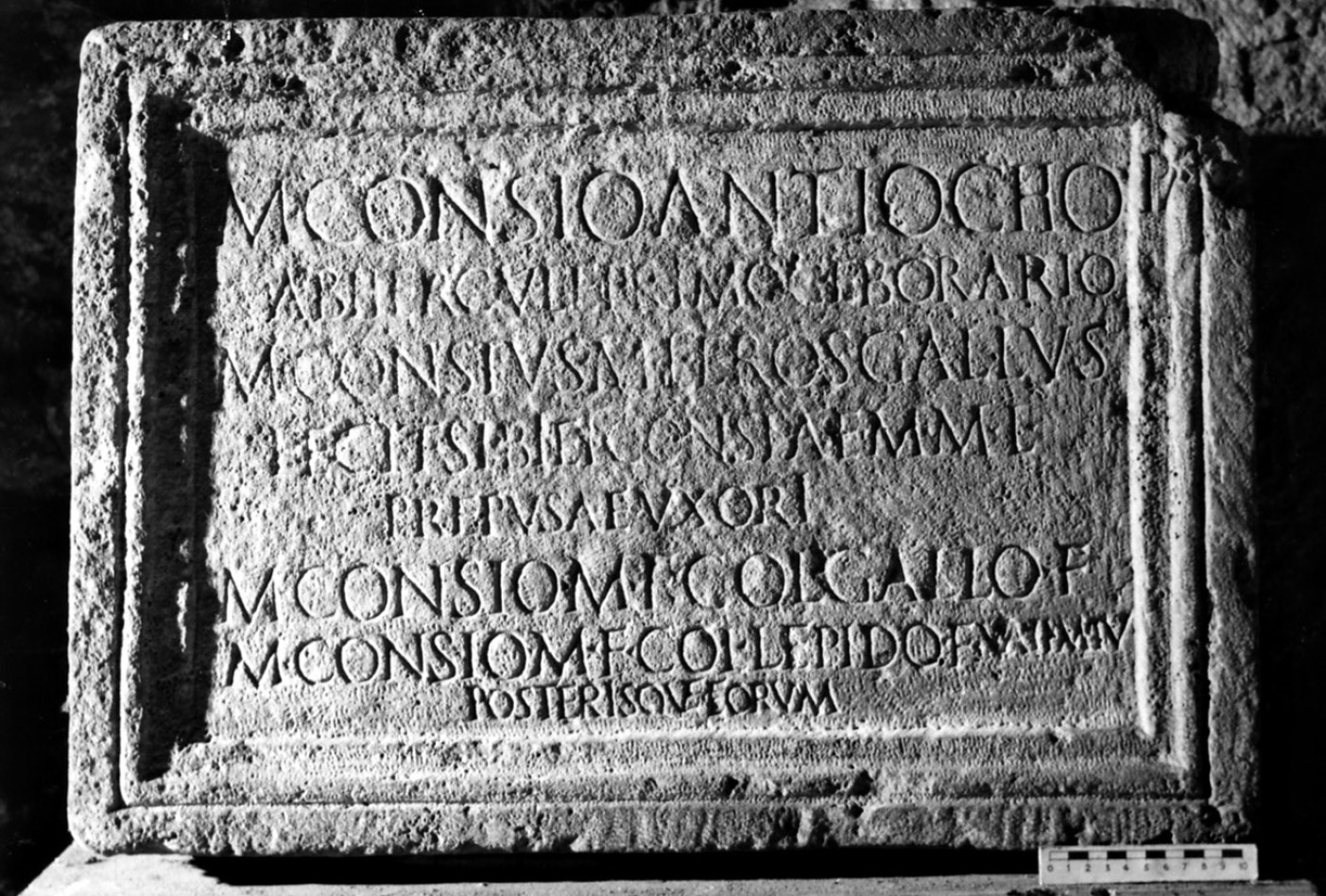 Fig. 3 – Lastra d’arredo parietale relativa al sepolcro di M. Consius Antiochus, ab Hercule Primog(enio) eborarius (AE 1990, 76;foto Arch. Epigr.Lat., Università di Roma “La Sapienza”).