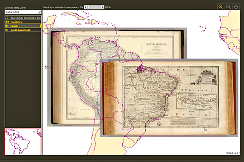 Fig. 2 – An interactive TimeMap of historical maps from the David Rumsey Map Library, built from an ECAI Clearinghouse search.