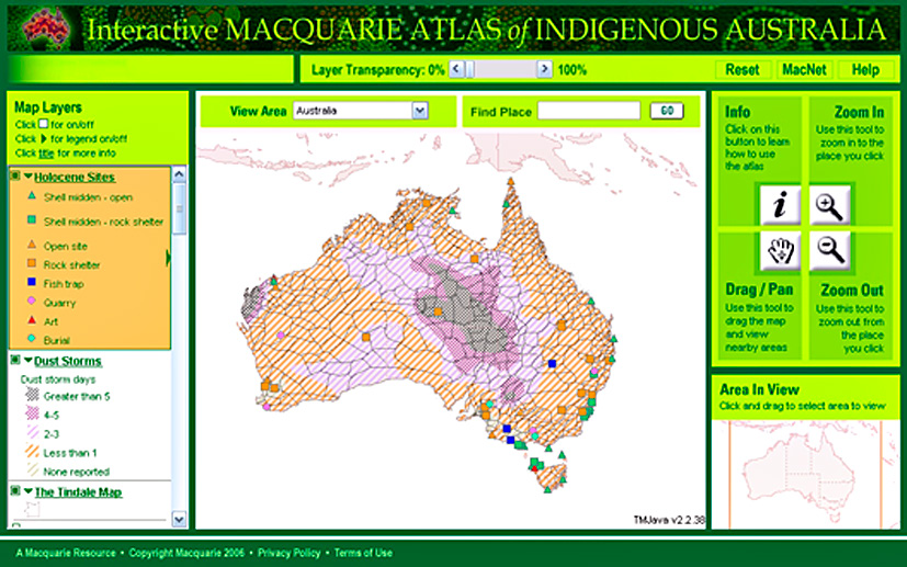 Fig. 4 – Interactive Macquarie Atlas of Indigenous Australia, a printed atlas converted to an interactive web map.