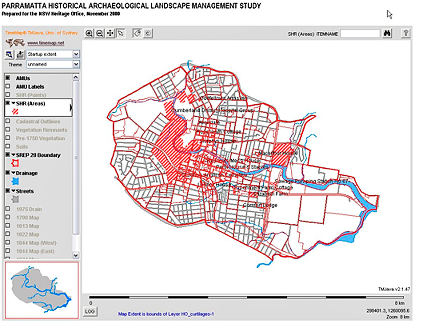 Fig. 5 – Interactive TimeMap of Archaeological Management Units for the City of Parramatta in western Sydney, delivered as a CD-ROM with hyperlinks to the NSW Heritage Register.