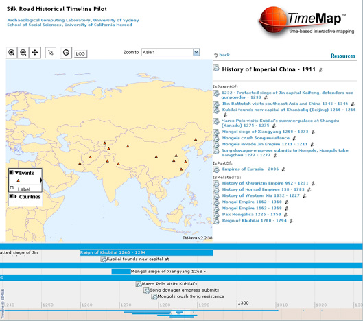 Fig. 7 – Historical events recorded in Heurist rendered as coordinated map, timeline and list views (map: TimeMap; timeline: Simile).