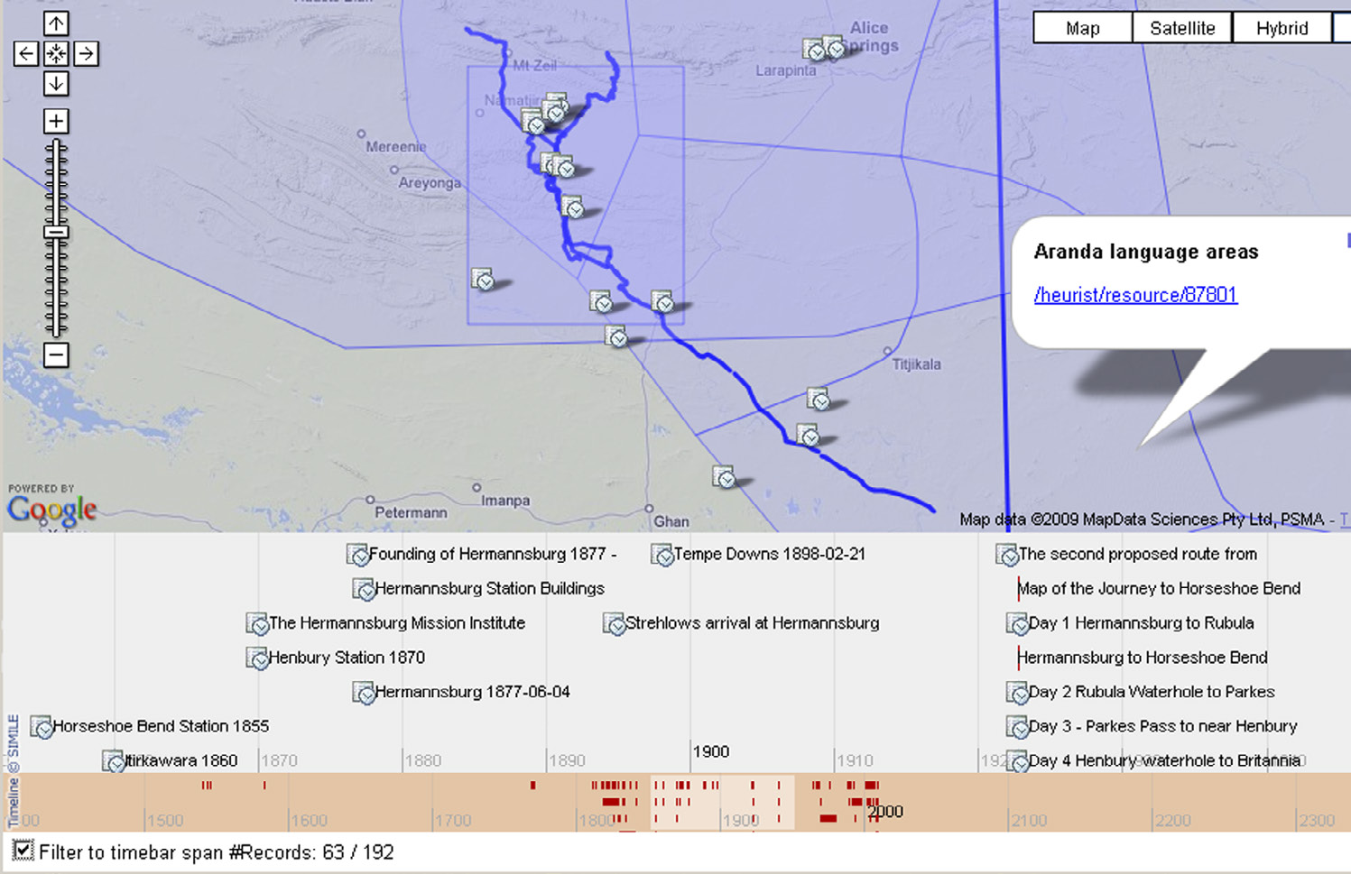 Fig. 8 – A set of historical events in Heurist rendered using Google Maps and the Simile Timeline.