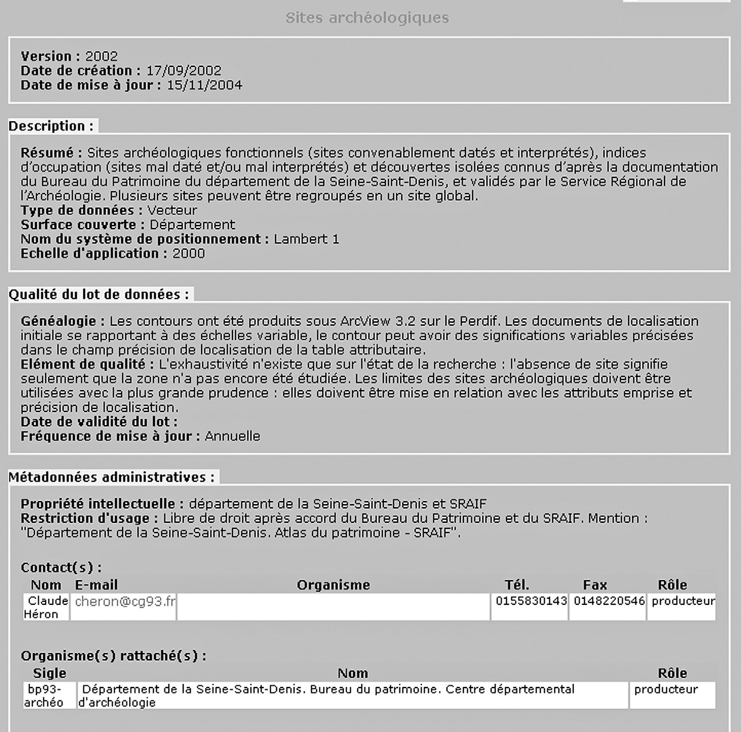 Fig. 1 – Geographic catalogue, metadata of the files (Département de la Seine-Saint-Denis).