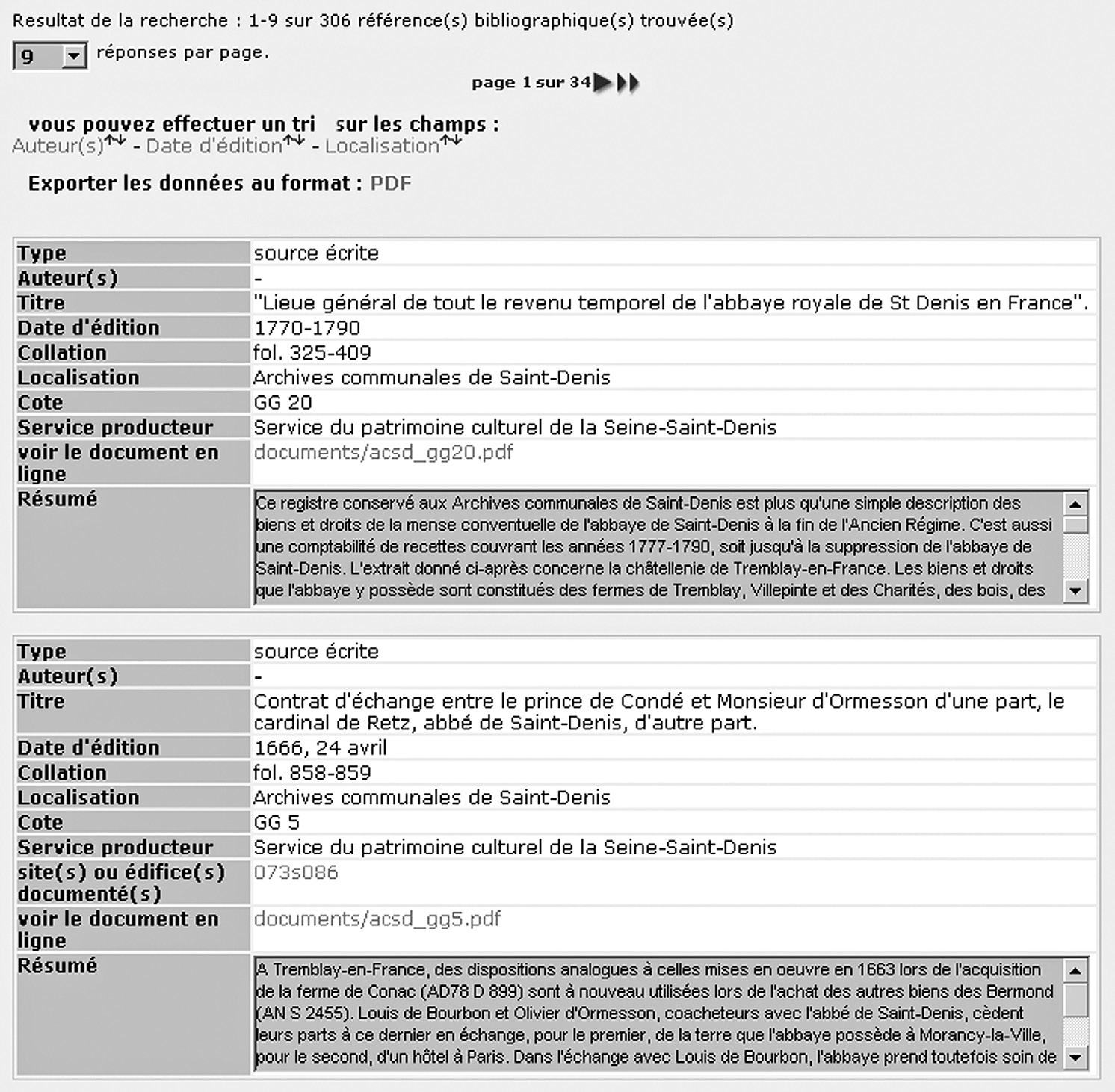 Fig. 5 – Bibliographic repertory, detail of the display of the results of a request (Département de la Seine-Saint-Denis).